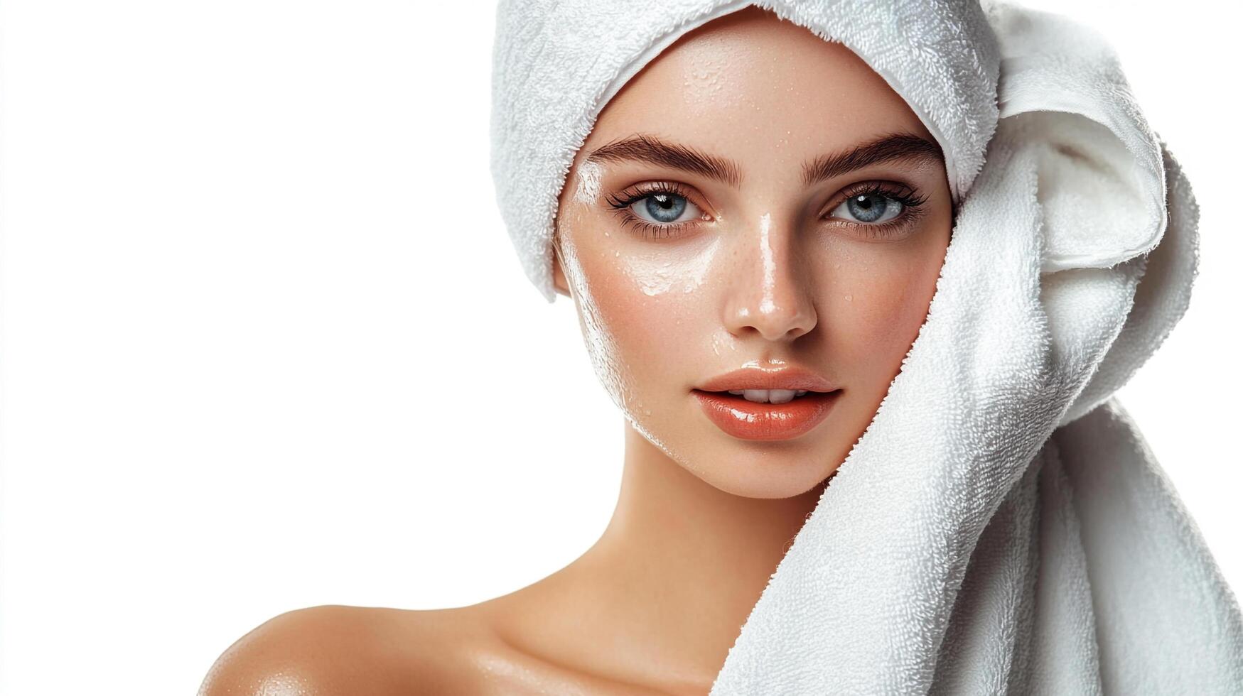 Close-up of a woman with a towel wrapped around her head, showcasing fresh, dewy skin and captivating blue eyes in a bright, clean setting. photo