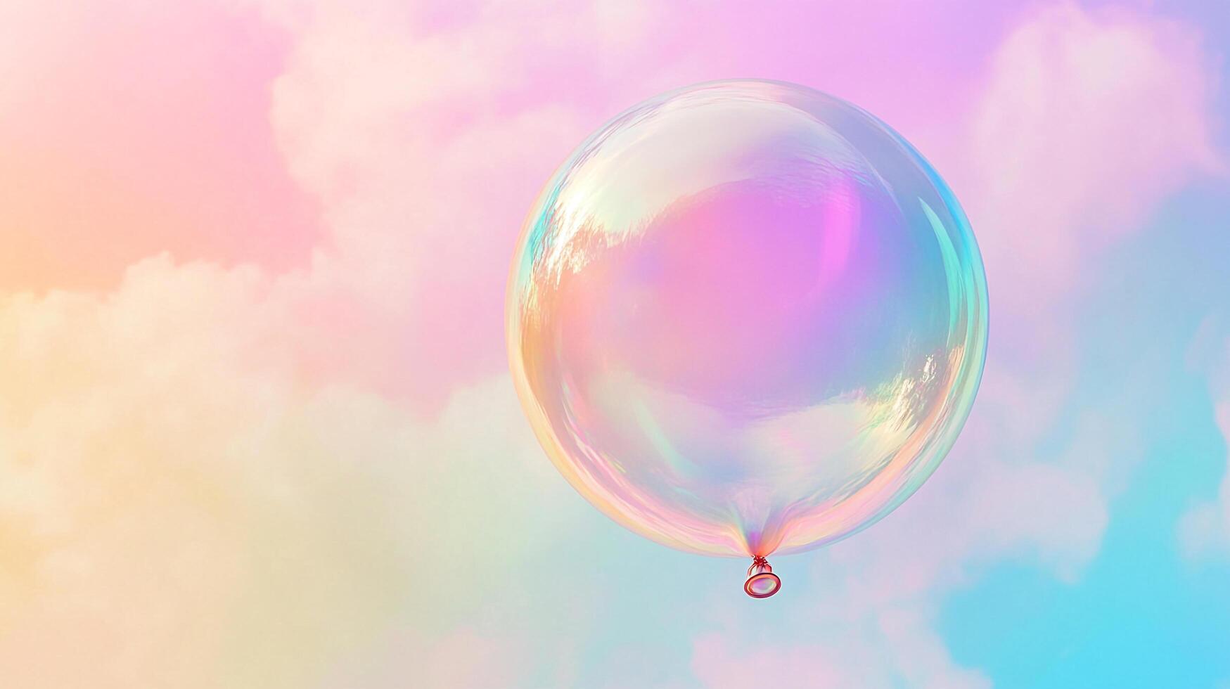 Iridescent sphere floats against a pastel sky, its surface shimmering with rainbow hues in a dreamlike atmosphere. A bubble in the heavens. photo