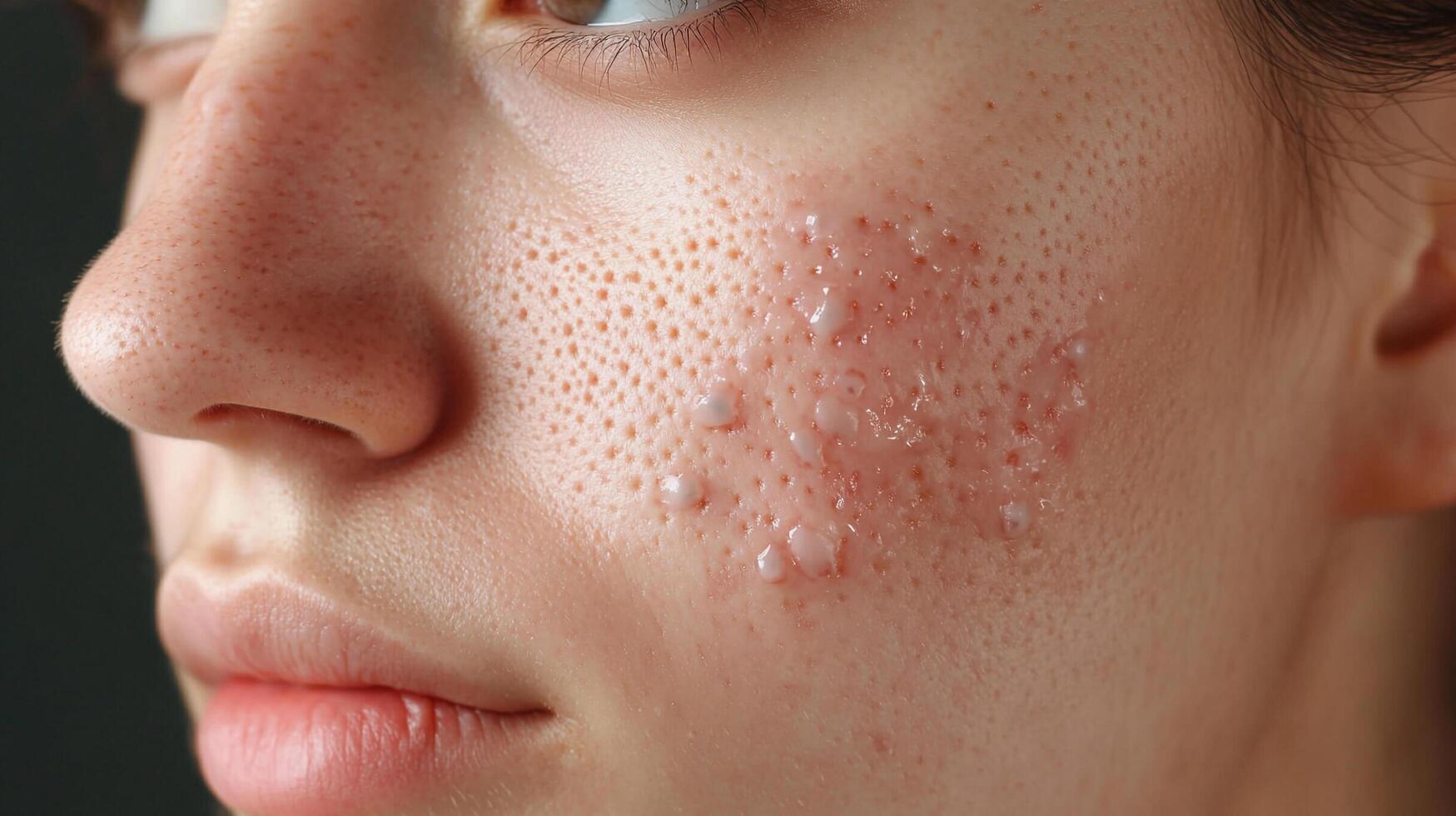Close-up view of facial skin showing enlarged pores and a patch of skin inflammation with small bumps, indicating a skin condition. photo