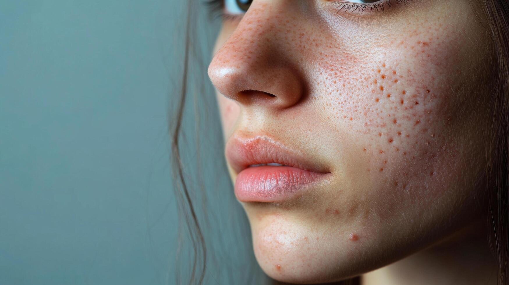 Close-up of a woman's face, showcasing her skin's natural texture and character, highlighting beauty in every detail. Natural skin. photo