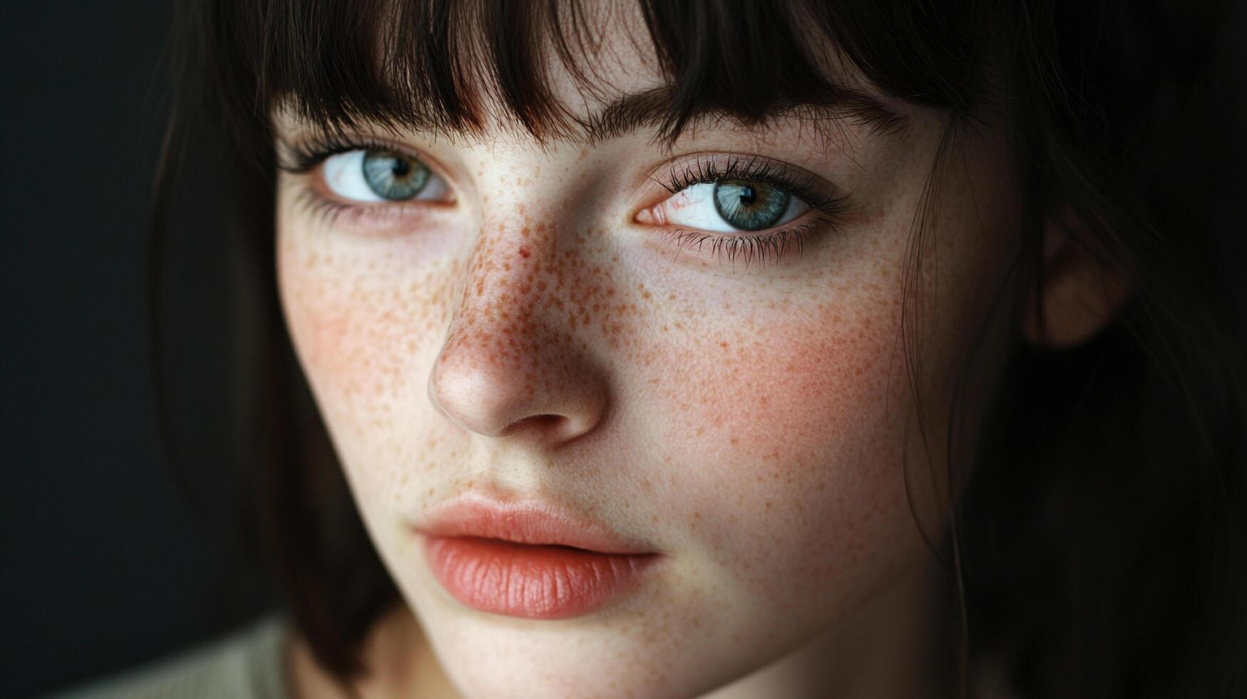 Close-up portrait of a woman with fair skin and freckles, emphasizing natural beauty and striking green eyes. photo
