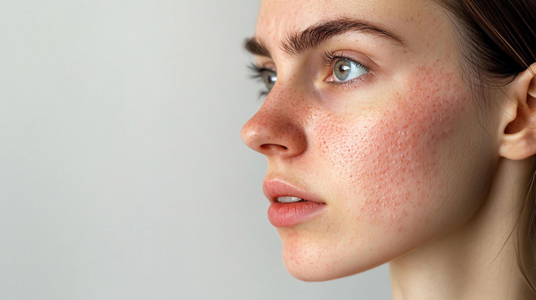Close-up of a woman's face showing skin texture with visible pores, freckles, and a natural, fresh complexion against a light backdrop. photo