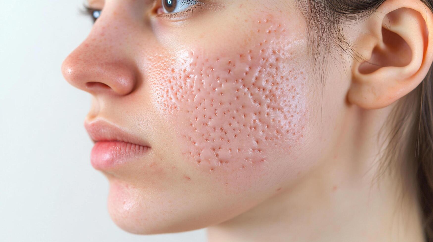Close-up of a woman's face showcasing textured skin with enlarged pores, highlighting skincare and dermatological conditions. photo