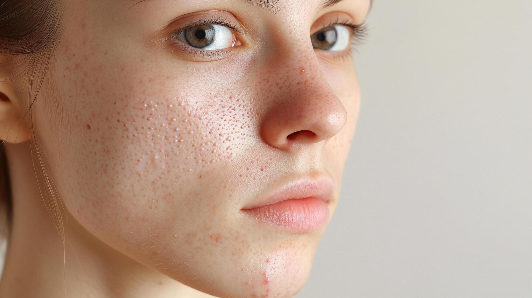 Close-up of a woman's face showcasing skin texture with visible pores, acne, and imperfections against a plain background. photo