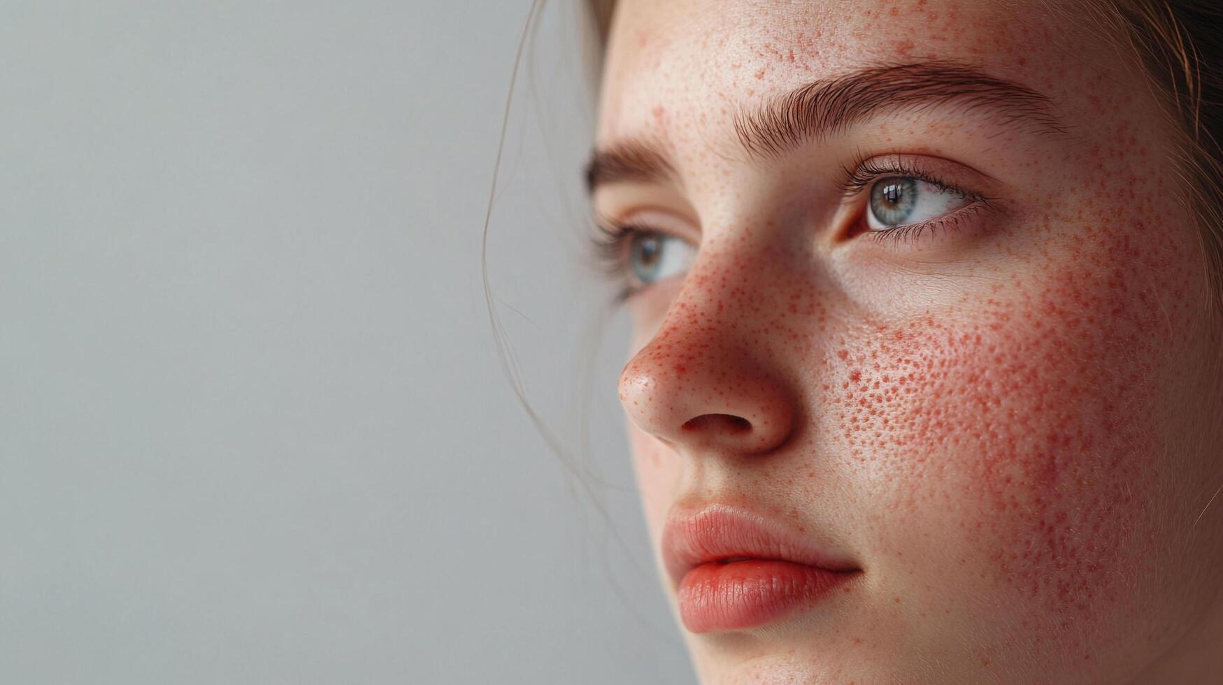 Close-up portrait of a fair-skinned woman with freckles and gentle, thoughtful blue eyes, set against a soft, neutral background. photo