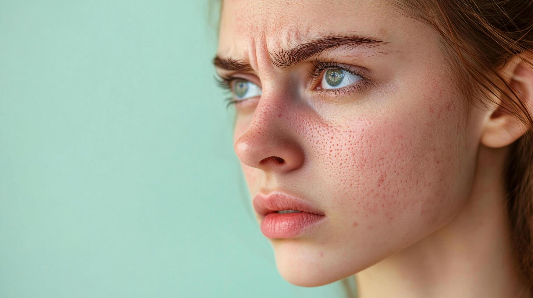 Close-up portrait of a young woman with noticeable skin texture, conveying a sense of authenticity and focusing on realistic beauty standards. photo