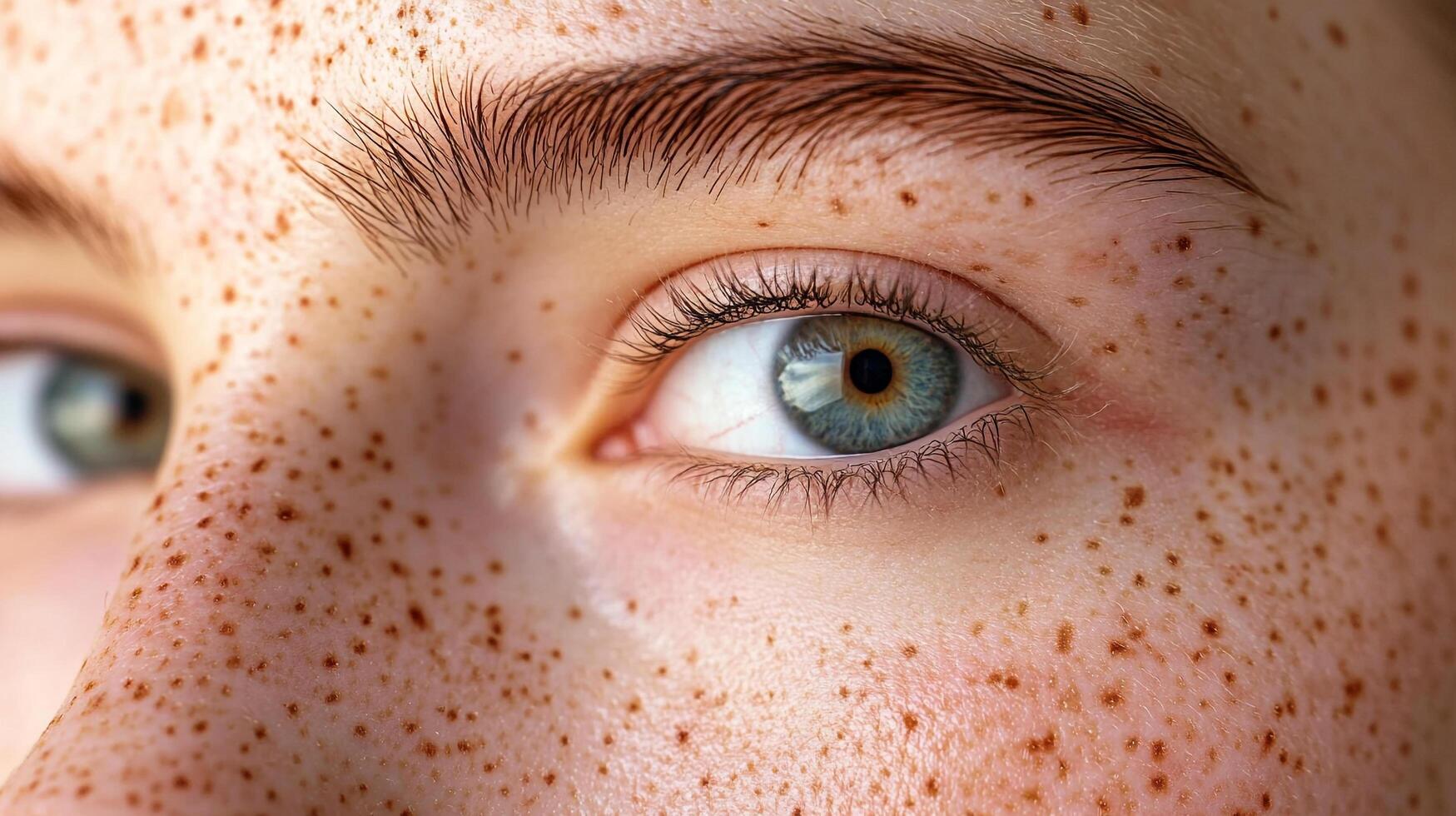 Close-up of a face with freckles, highlighting the unique beauty and skin texture around the eye, eyebrow, and nose area. photo