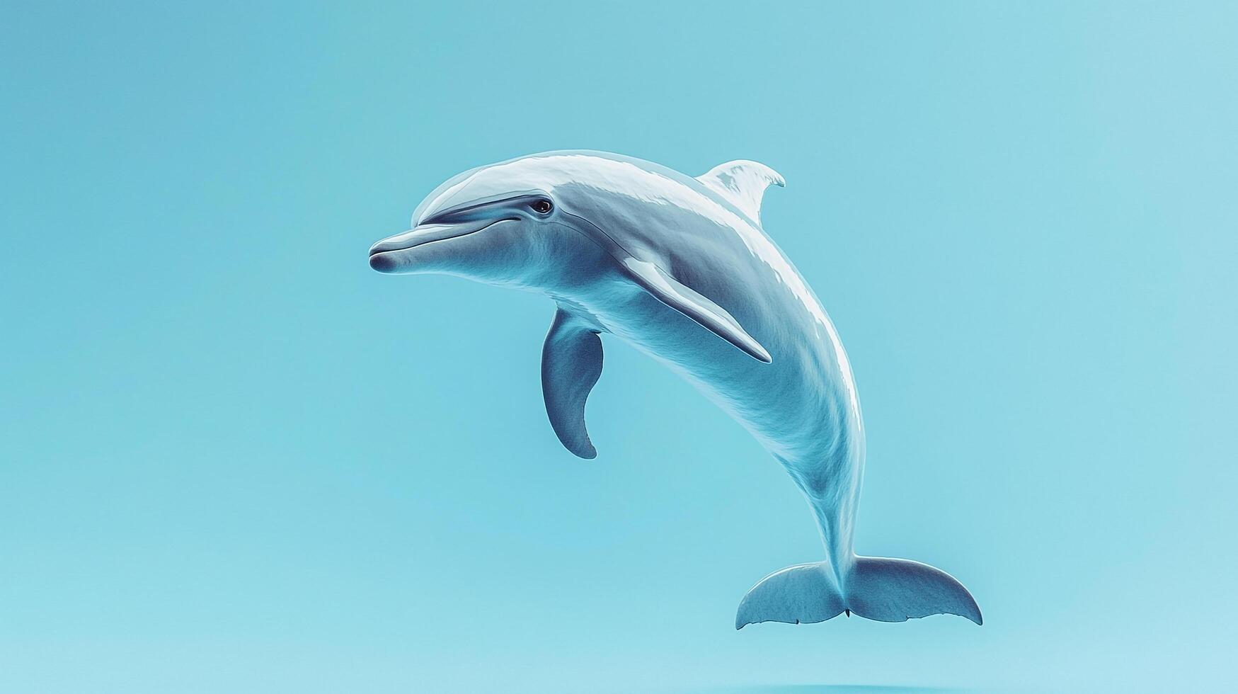 An elegant dolphin leaps gracefully through the clear blue water, embodying the freedom and beauty of marine life. Smooth skin glistens. photo