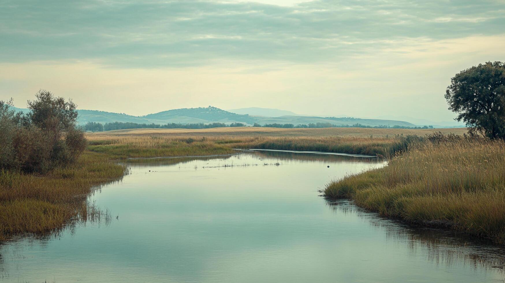 Calm river scene with grassy banks, gentle hills in the distance, and soft, muted colors creating a peaceful, natural landscape. photo