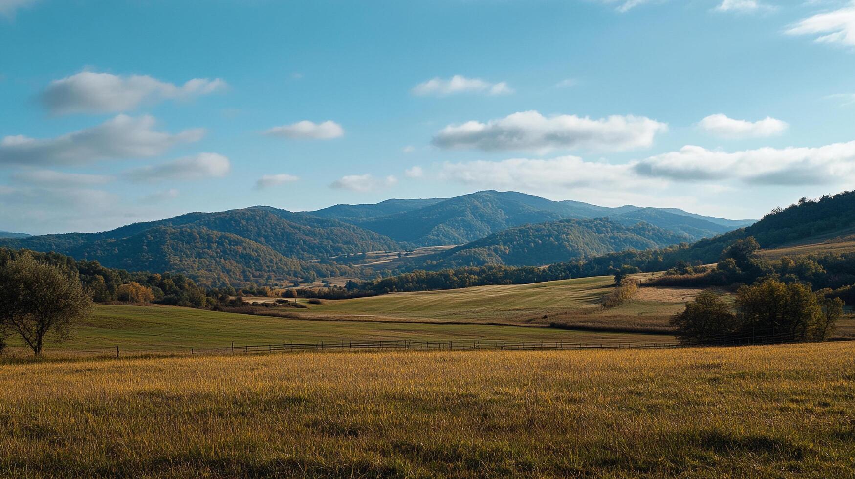 Expansive landscape featuring rolling hills, golden fields, forested mountains under a blue sky dotted with fluffy white clouds. photo