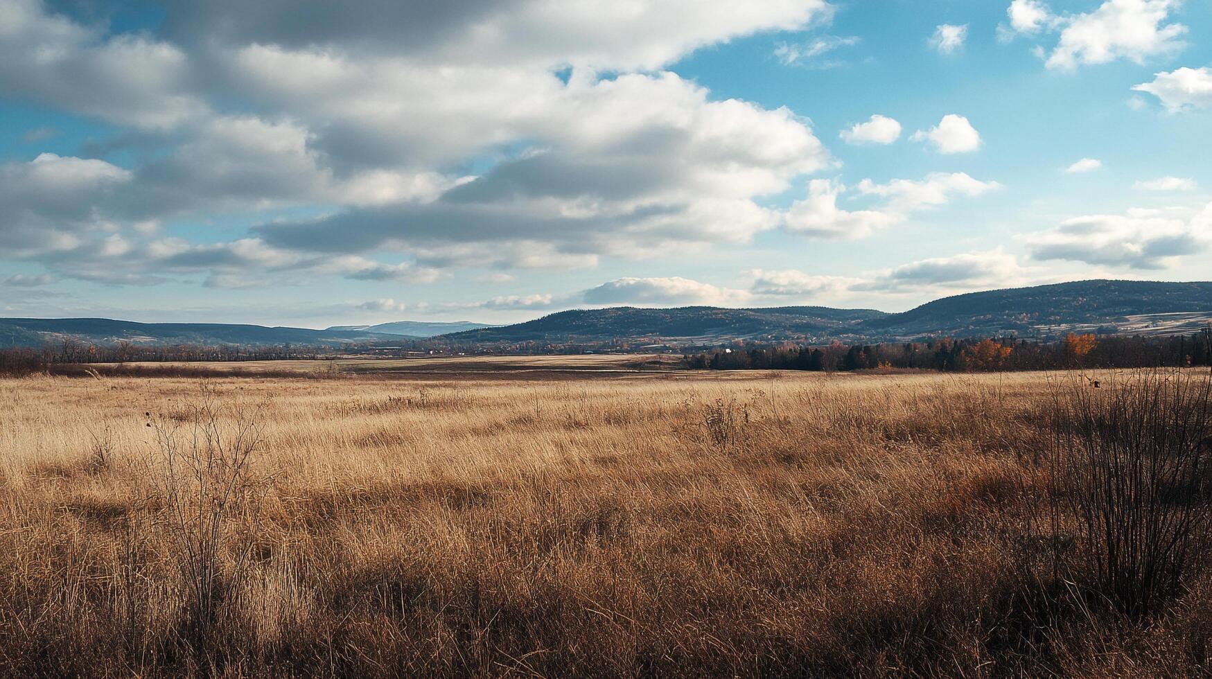 Golden field under a cloudy blue sky, distant mountains, and autumnal landscape offer peace and tranquility on a beautiful day. photo