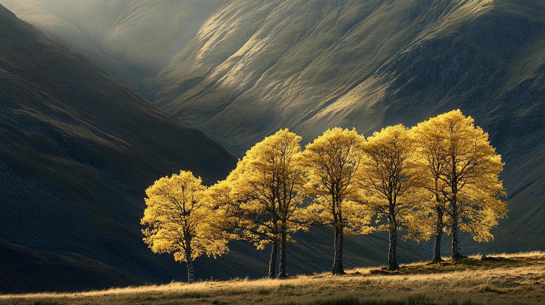 Golden autumn trees stand tall, bathed in soft light, against a backdrop of gently sloping grassy mountains, evoking a sense of tranquility. photo