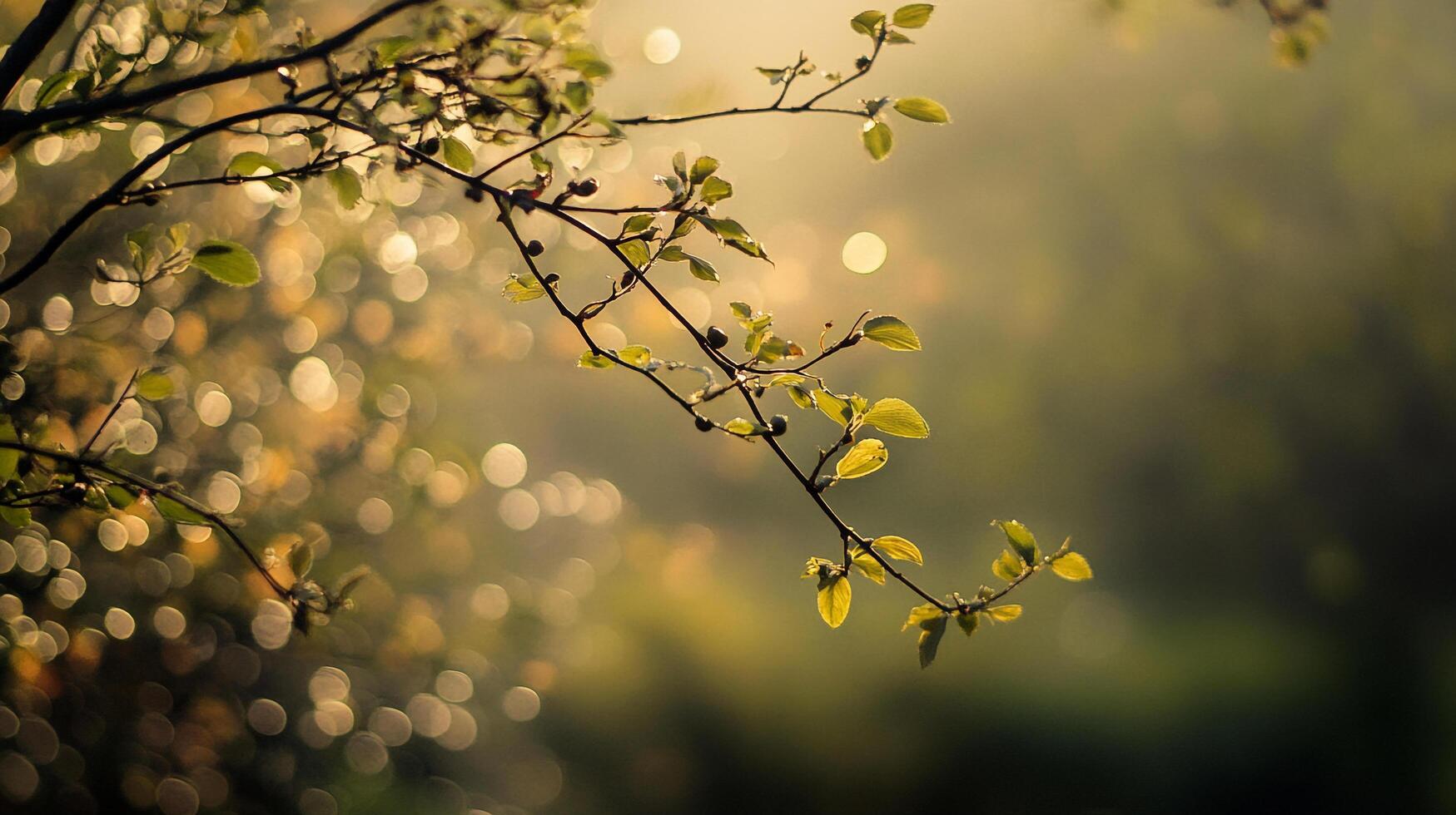 Sunlit branches with fresh green leaves create a gentle and tranquil scene. Spring growth and ethereal bokeh lights bring serenity. photo