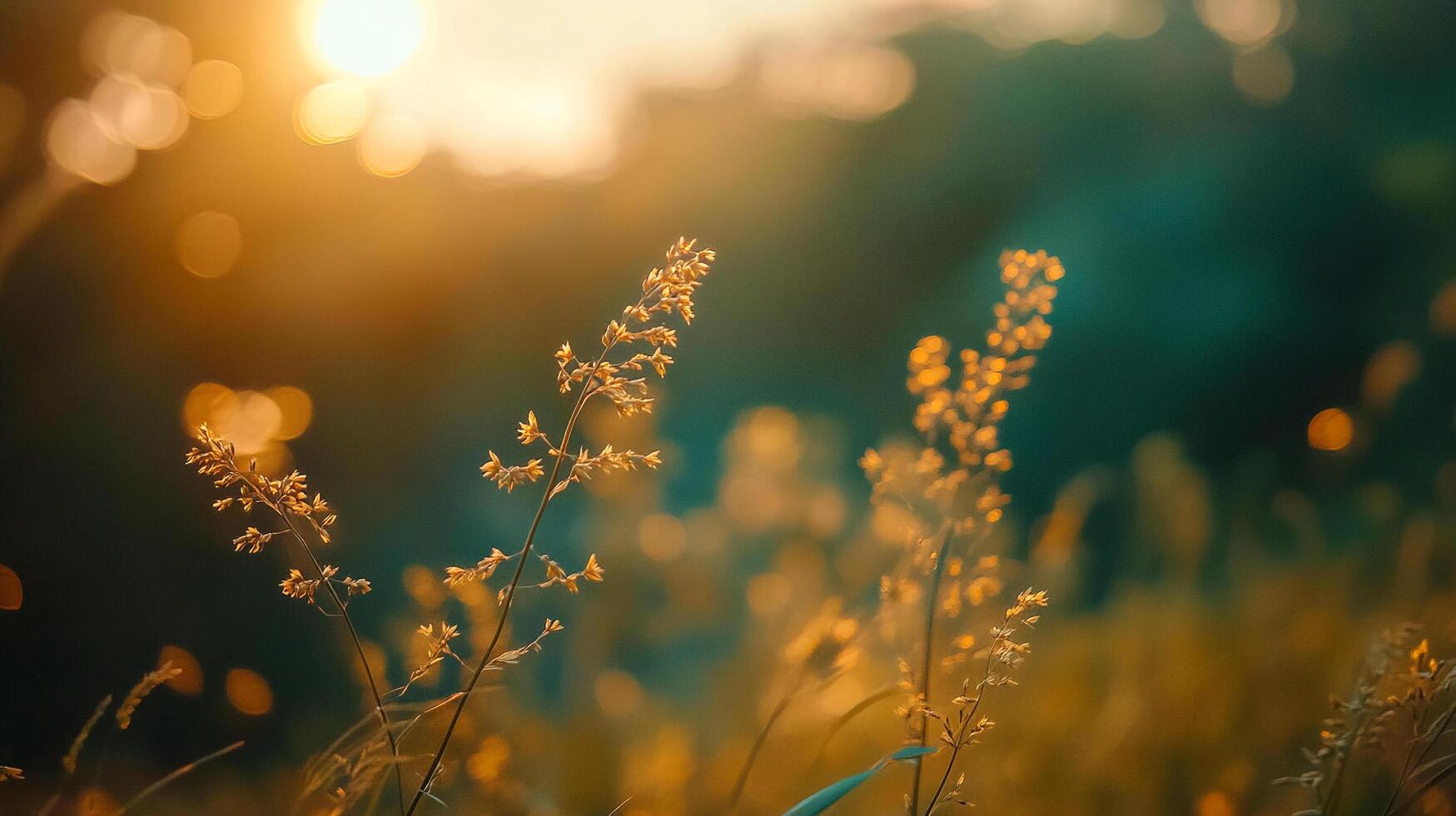 Golden hour illuminates delicate grasses in a field, bokeh lights adding a magical touch to this serene, nature-filled scenic view. photo