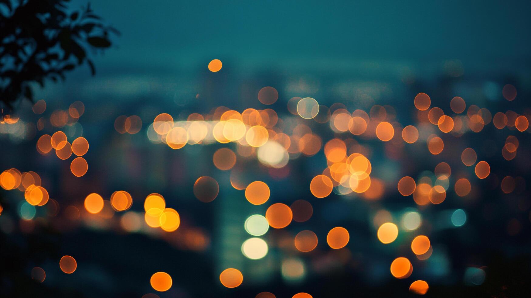Blurred cityscape lights at night create a dreamy and abstract view, glowing against the dark sky, evokes urban serenity photo