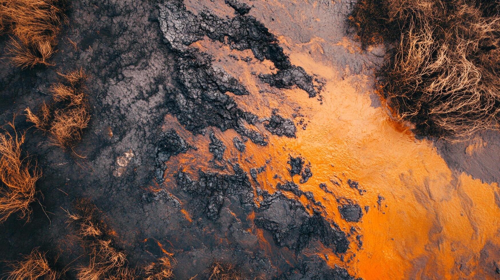 Abstract aerial shot of a landscape where molten orange merges with charcoal terrain, surrounded by earthy foliage, offering contrast and texture. photo
