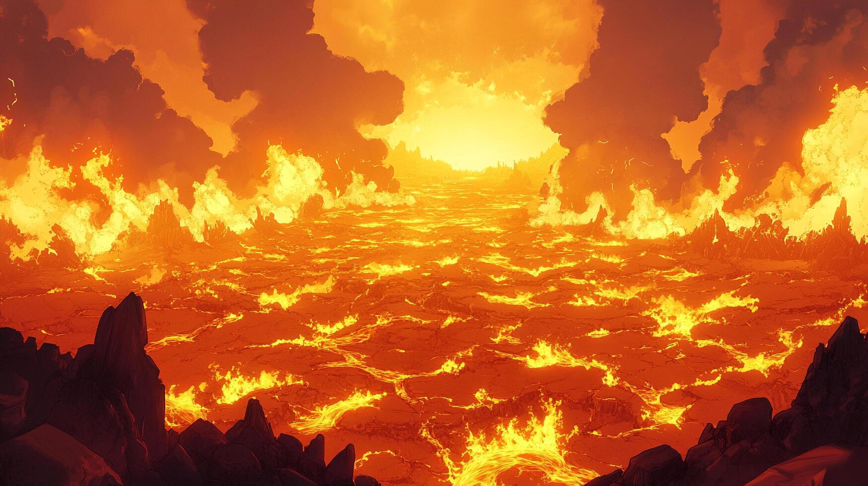 A fiery landscape of lava with bright colors of red, orange, and yellow. This depicts intense heat and volcanic activity. photo