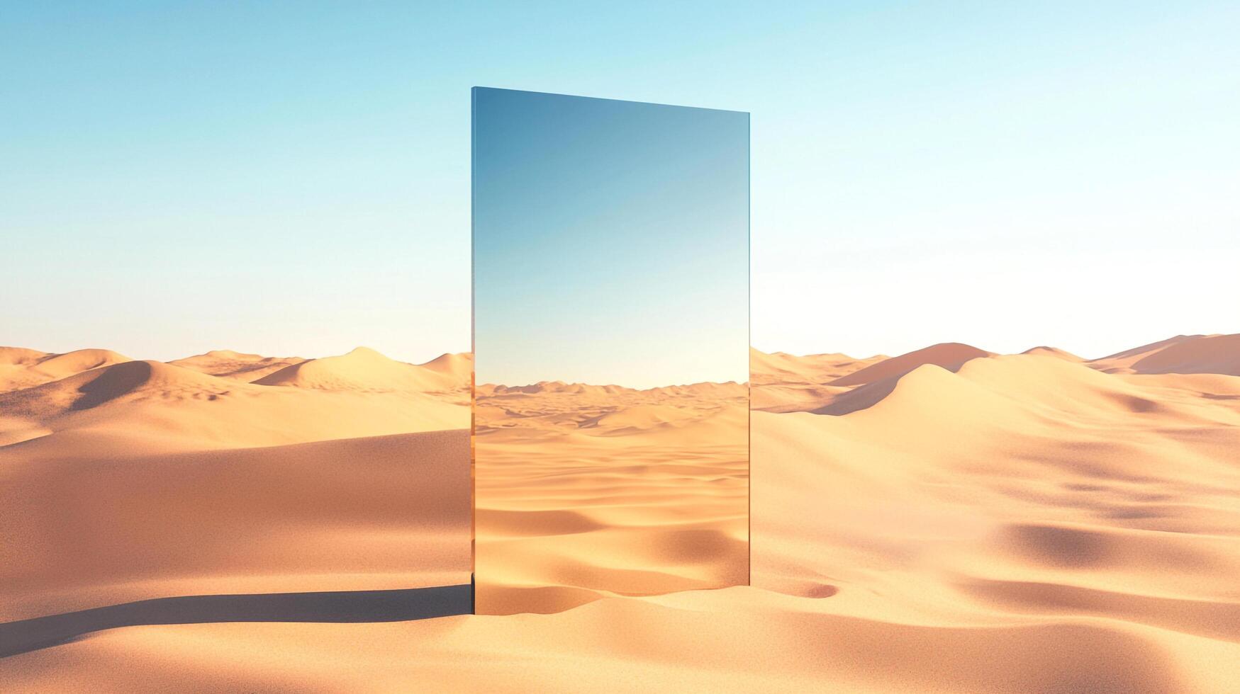 Mirror reflects desert vista under blue sky, creating surreal, captivating contrast of reality with artistic reflection amid the sandy expanse. photo
