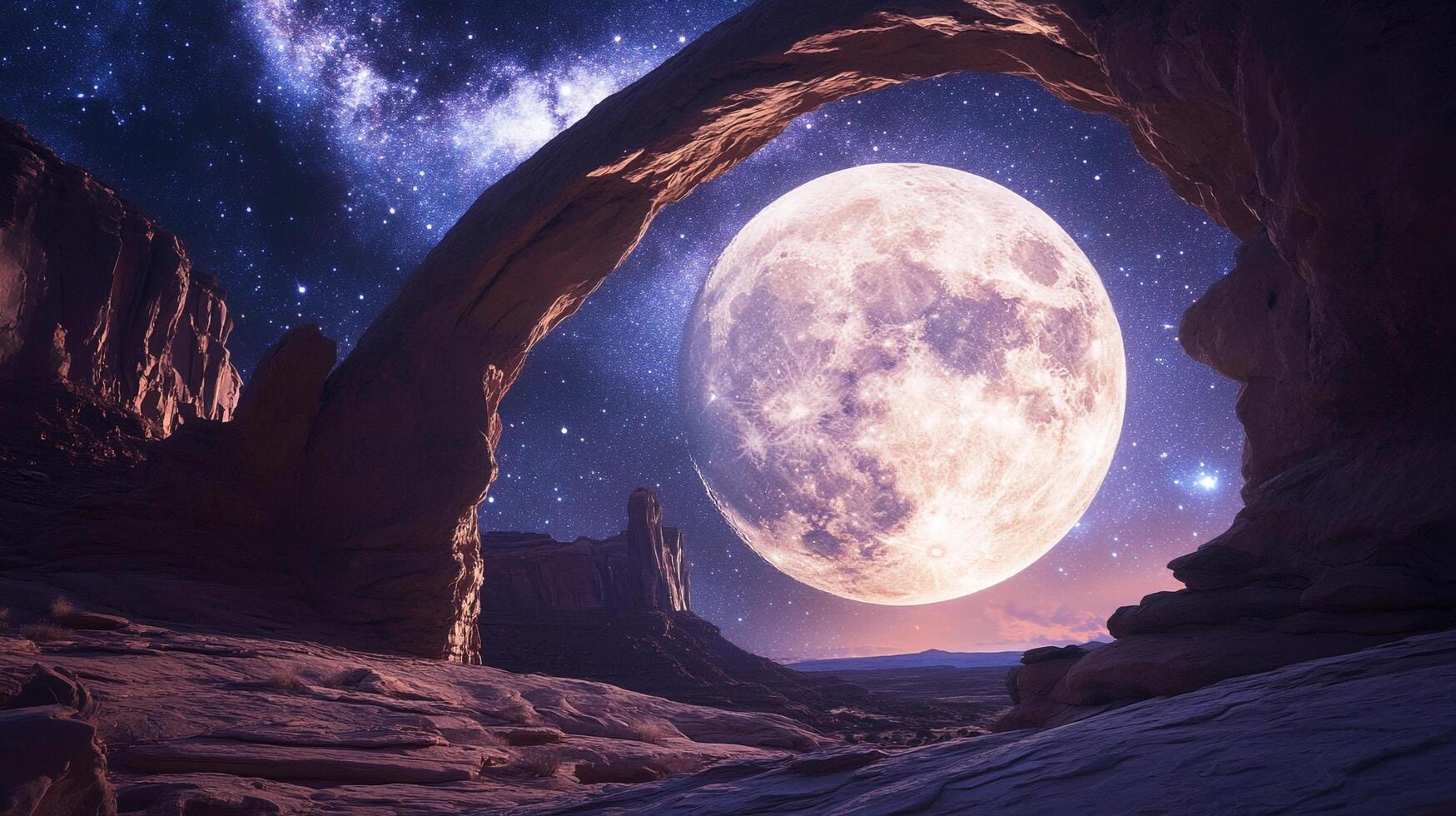 A lunar spectacle unfolds as a full moon ascends amidst starry skies, framed by the rugged silhouette of a natural rock arch. photo