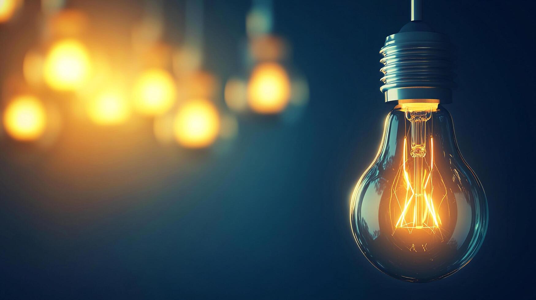 Glowing lightbulbs illuminate a dim space. Warm light radiates from clear glass casings, creating a cozy, inviting ambiance. photo
