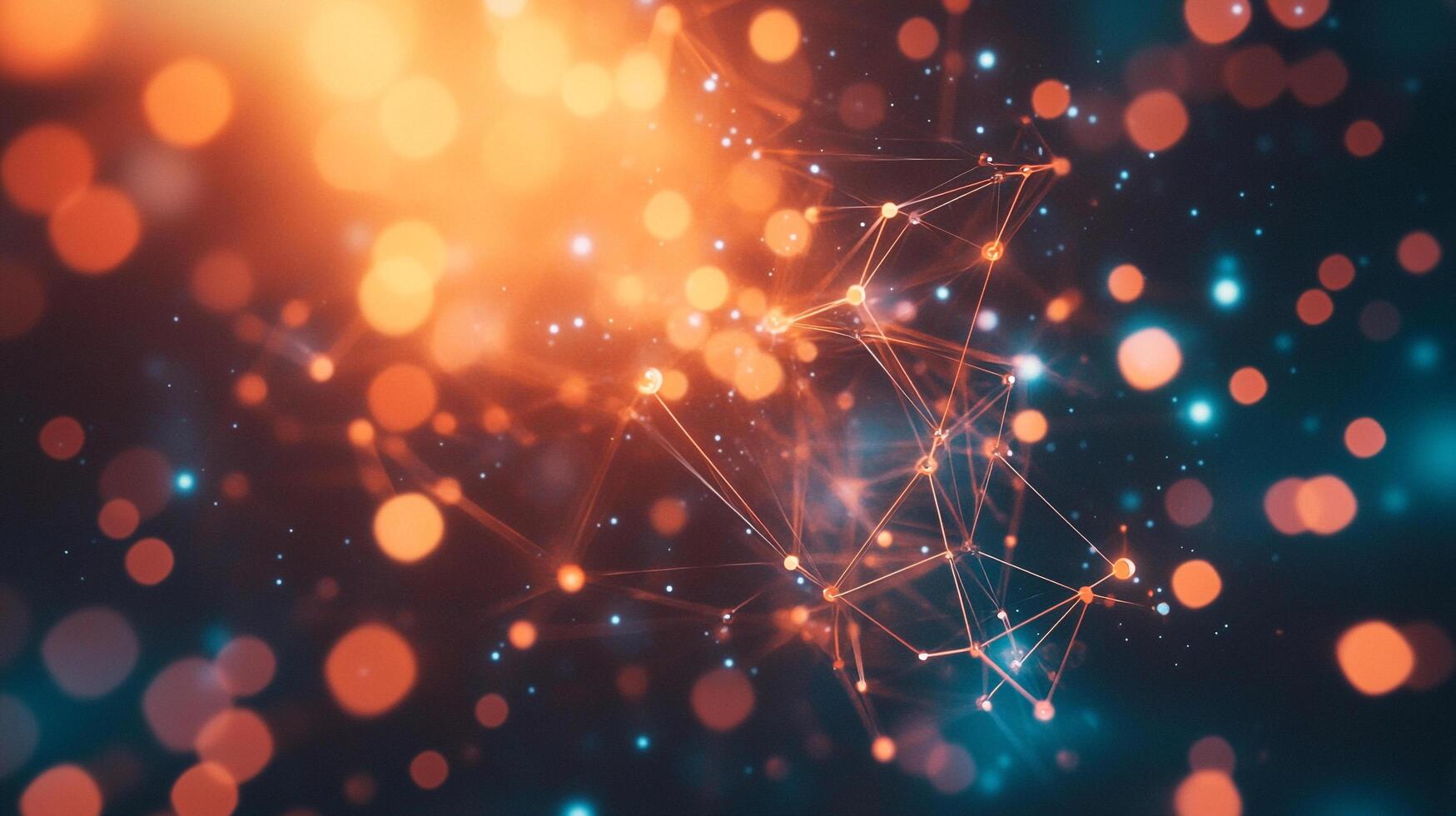 Abstract network connection with illuminated nodes. Digital data transmission and communication technology in dark blue and orange. photo