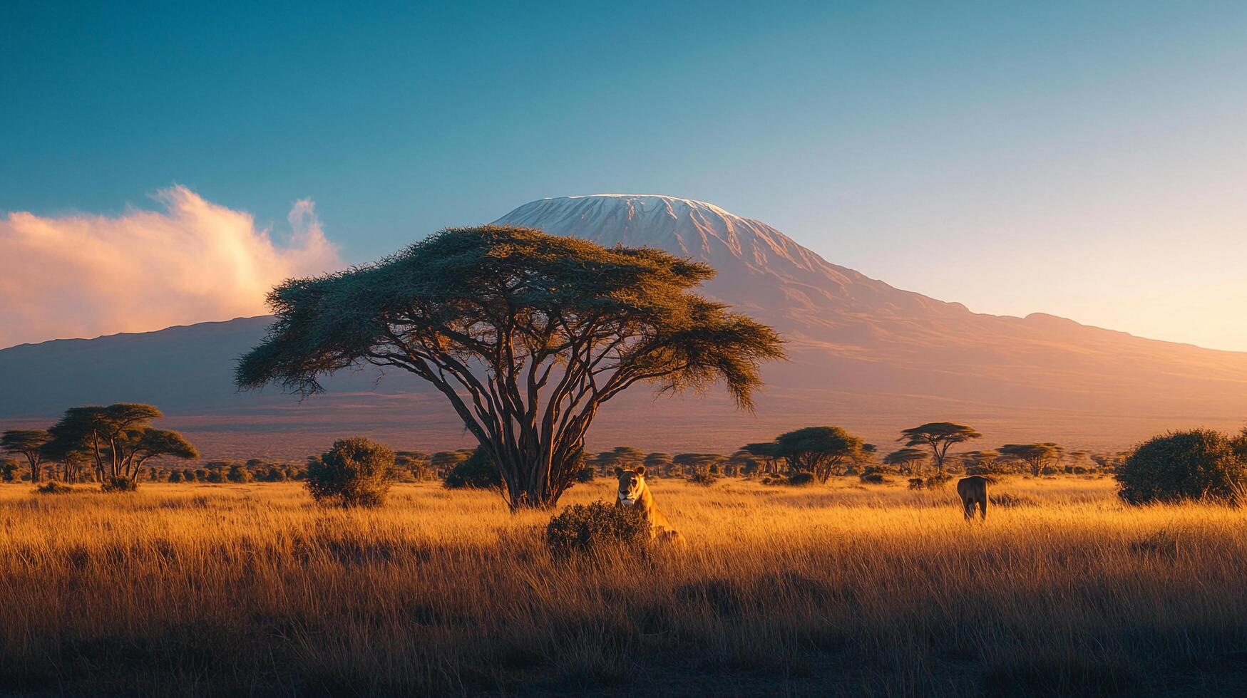 African savanna landscape with grassland, trees, and a snow-capped mountain in the background during golden hour. Wildlife present. photo
