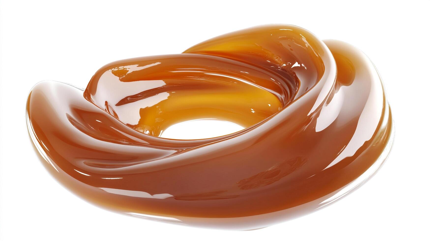 Abstract caramel swirl on a white background, featuring smooth, glossy texture and rich, warm tones in a visually captivating composition. photo