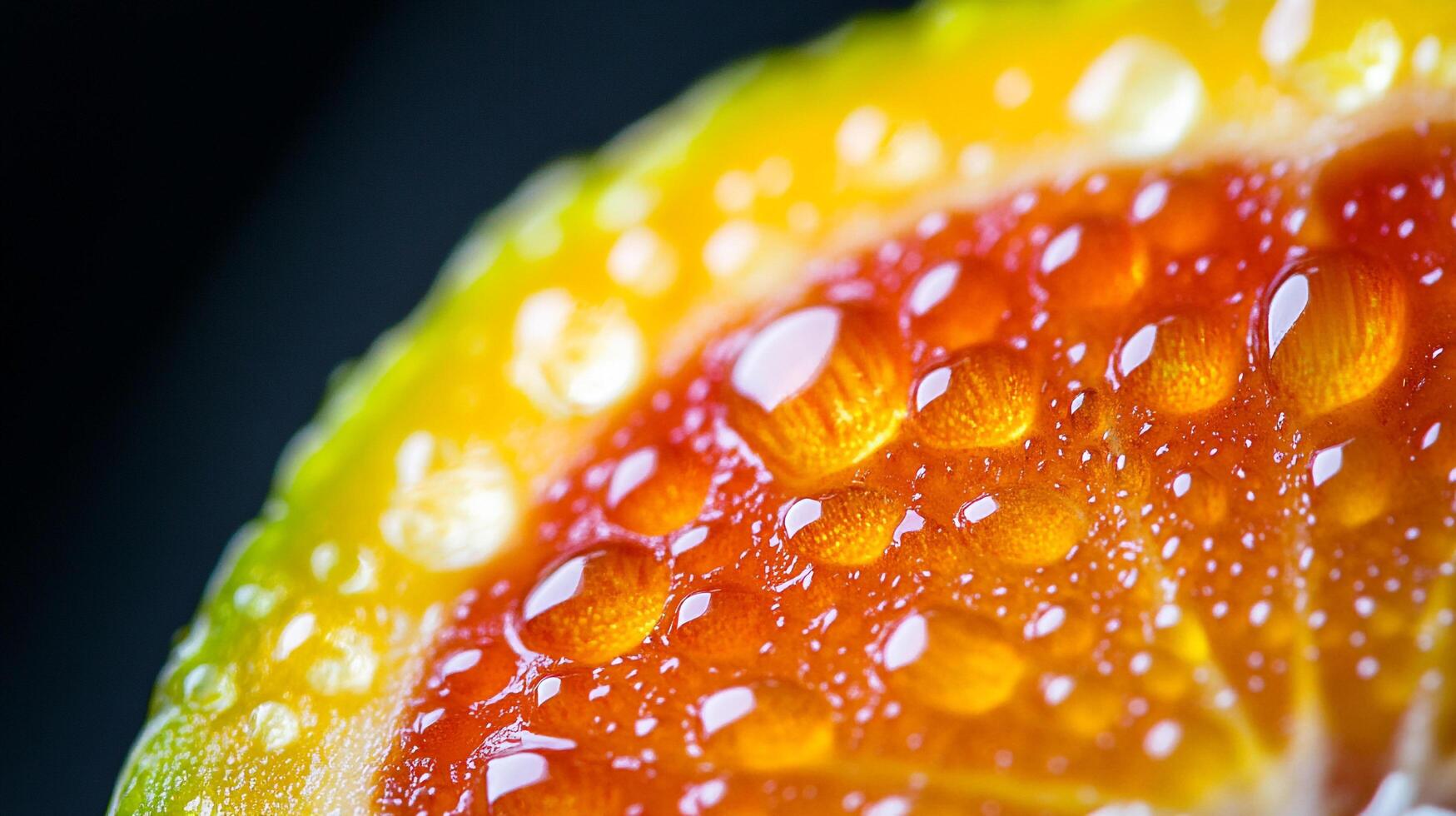Close-up of a vibrant citrus fruit slice adorned with glistening water droplets, revealing its textured surface and refreshing appeal. photo