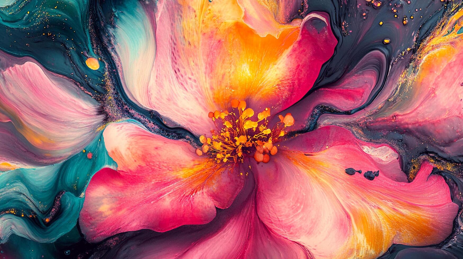 A vibrant, fluid flower with intense color, showcasing a painterly texture with dynamic swirls and gold accents against a dark backdrop. photo