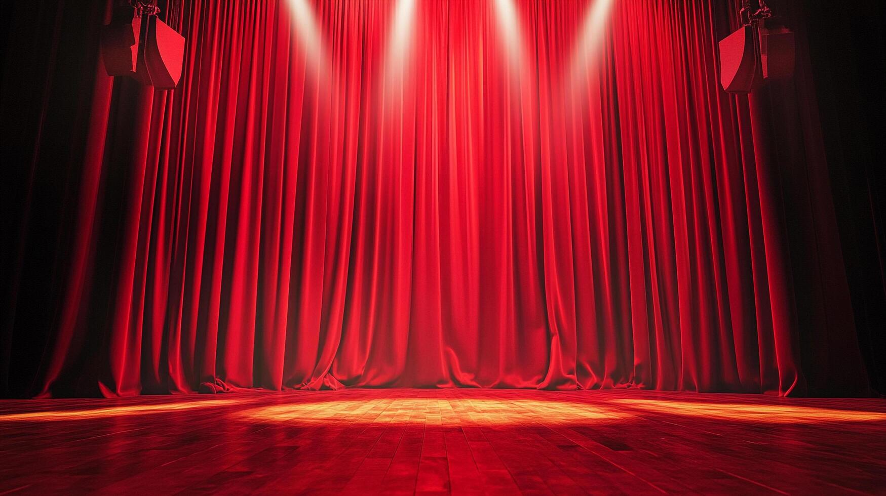 A stage with red velvet curtains illuminated by spotlights, creating a dramatic and inviting atmosphere, ready for a performance. photo