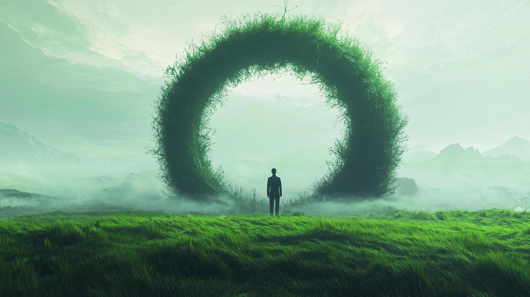 Solitary figure stands before a colossal, verdant circle in a serene, dreamlike landscape, evoking wonder and contemplation. photo