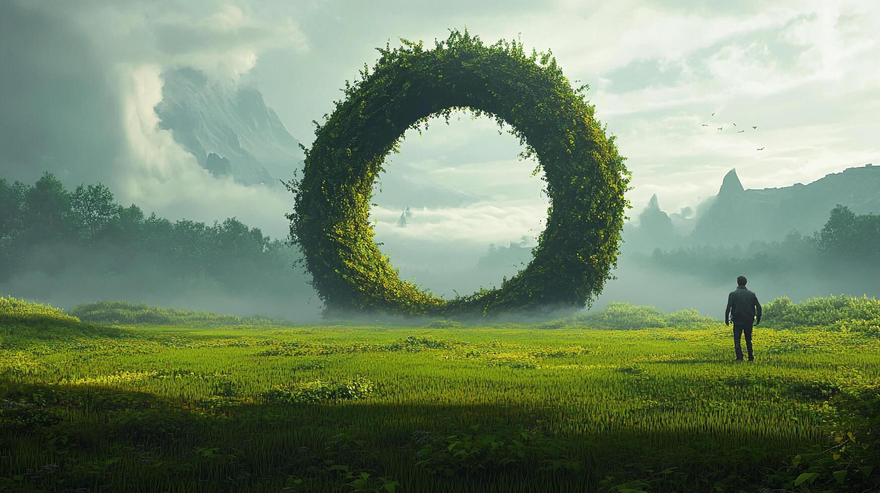A lone figure approaches a gigantic, circular portal of foliage, nestled in a field of green, hinting at a journey into the unknown. photo