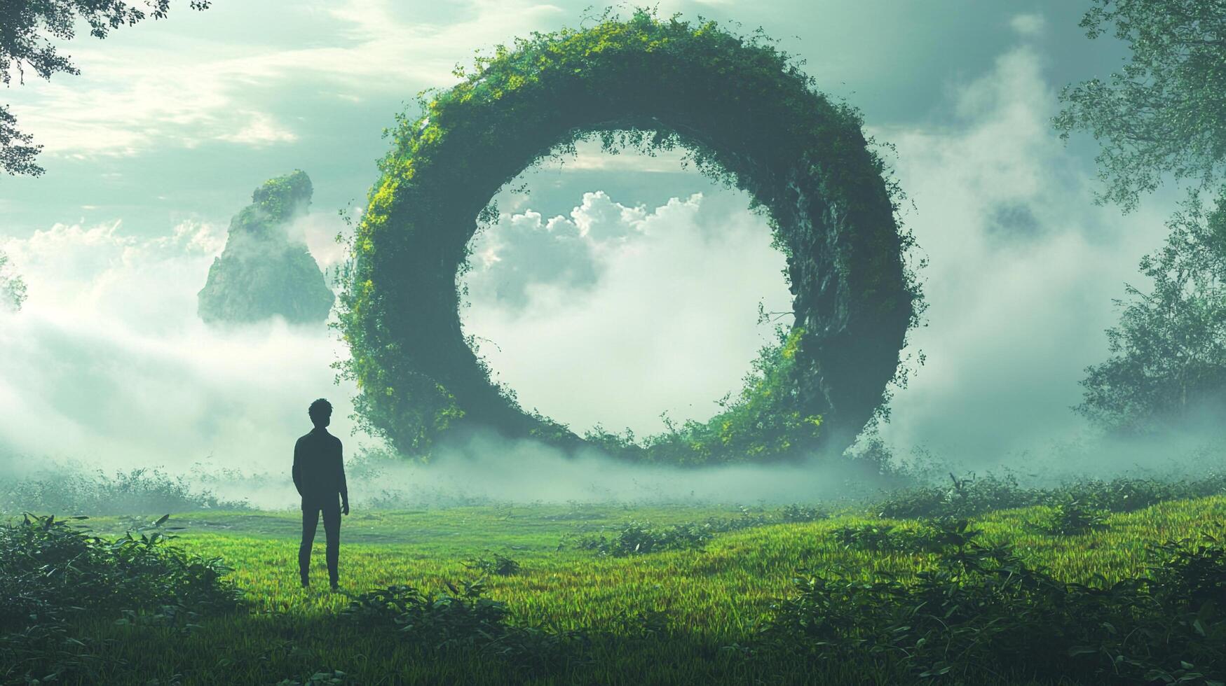 A figure stands before a massive, vegetation-covered ring portal, leading to a mysterious destination in a misty, dreamlike landscape. photo