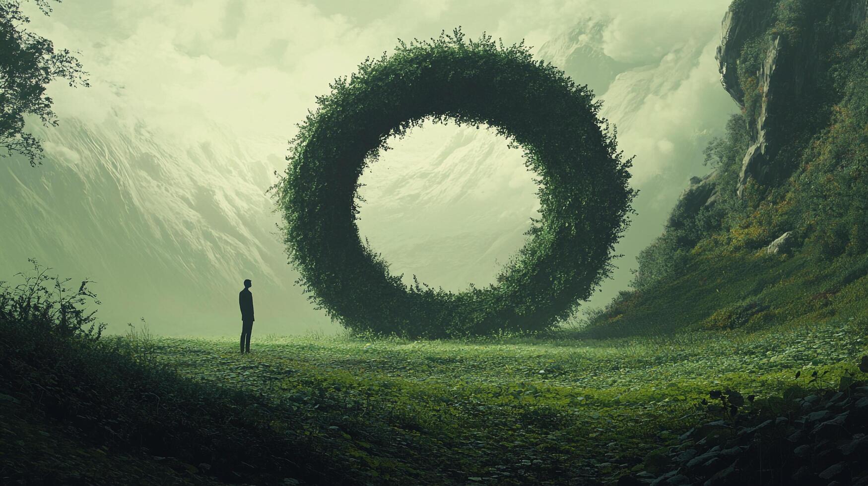 A lone figure stands before a massive, circular portal of dense foliage, hinting at mystery and wonder in a misty, natural landscape. photo
