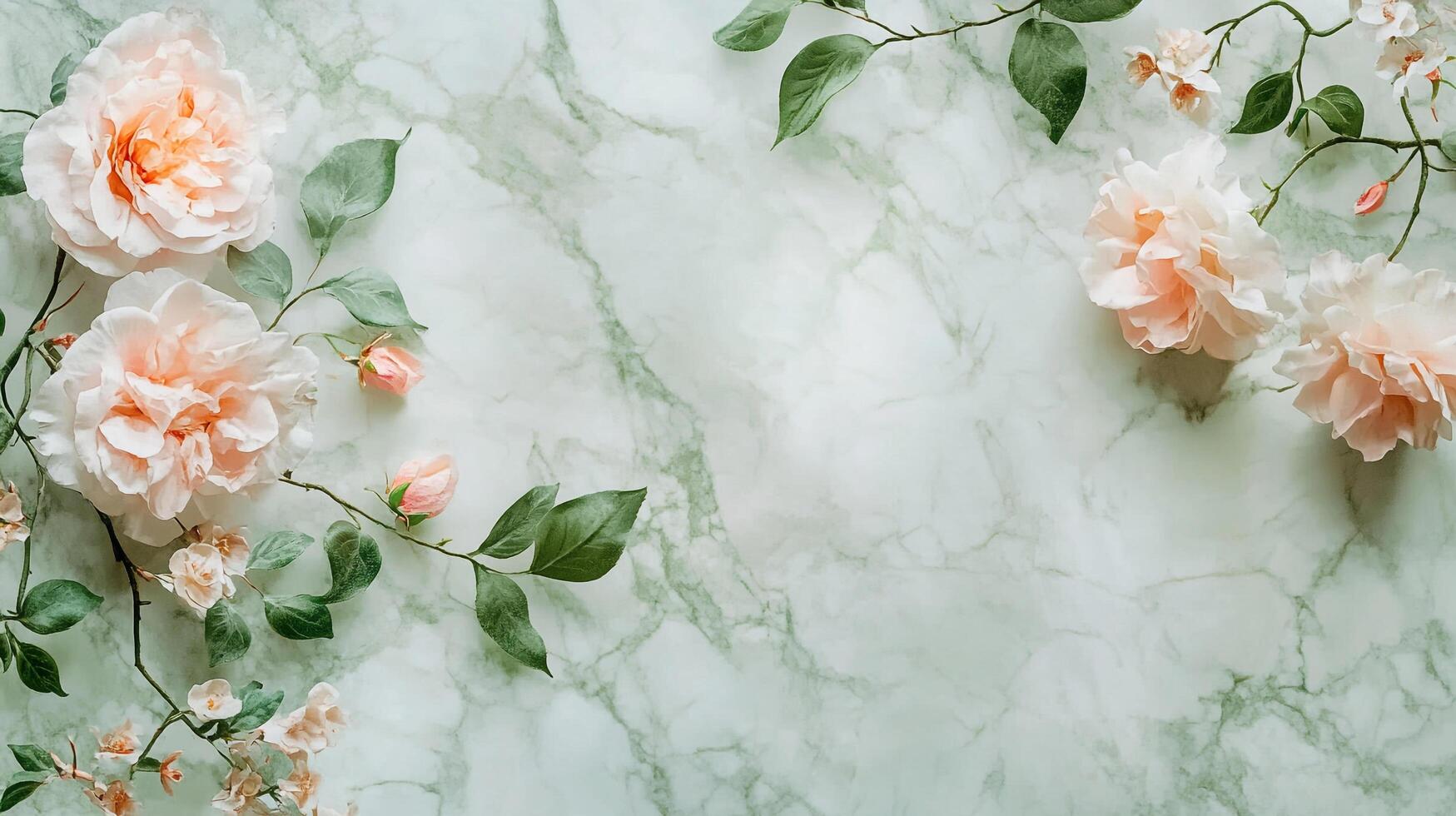 Floral arrangement featuring peach flowers and verdant leaves on a marbled surface, creating a soft, elegant and natural aesthetic. photo