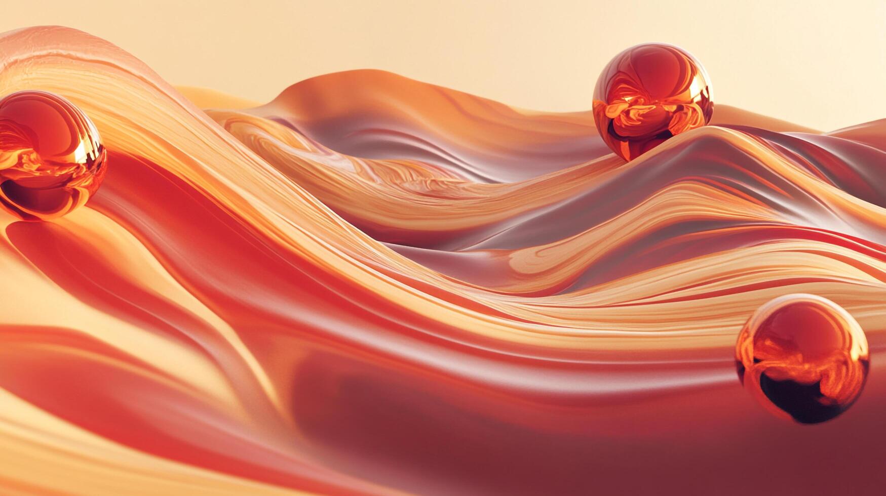 Abstract wavy patterns, shades of orange and red, shiny spheres. Conceptual digital art for backgrounds, textures, or modern decorations. photo