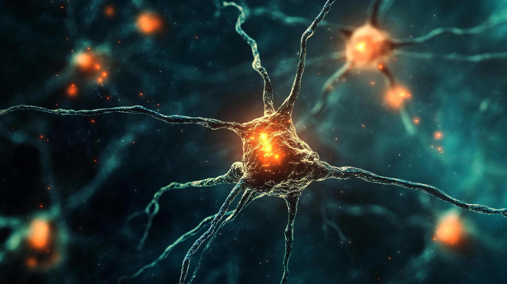 Detailed macro image of neurons with luminous orange centers and branching extensions in a dark, textured neural environment. photo