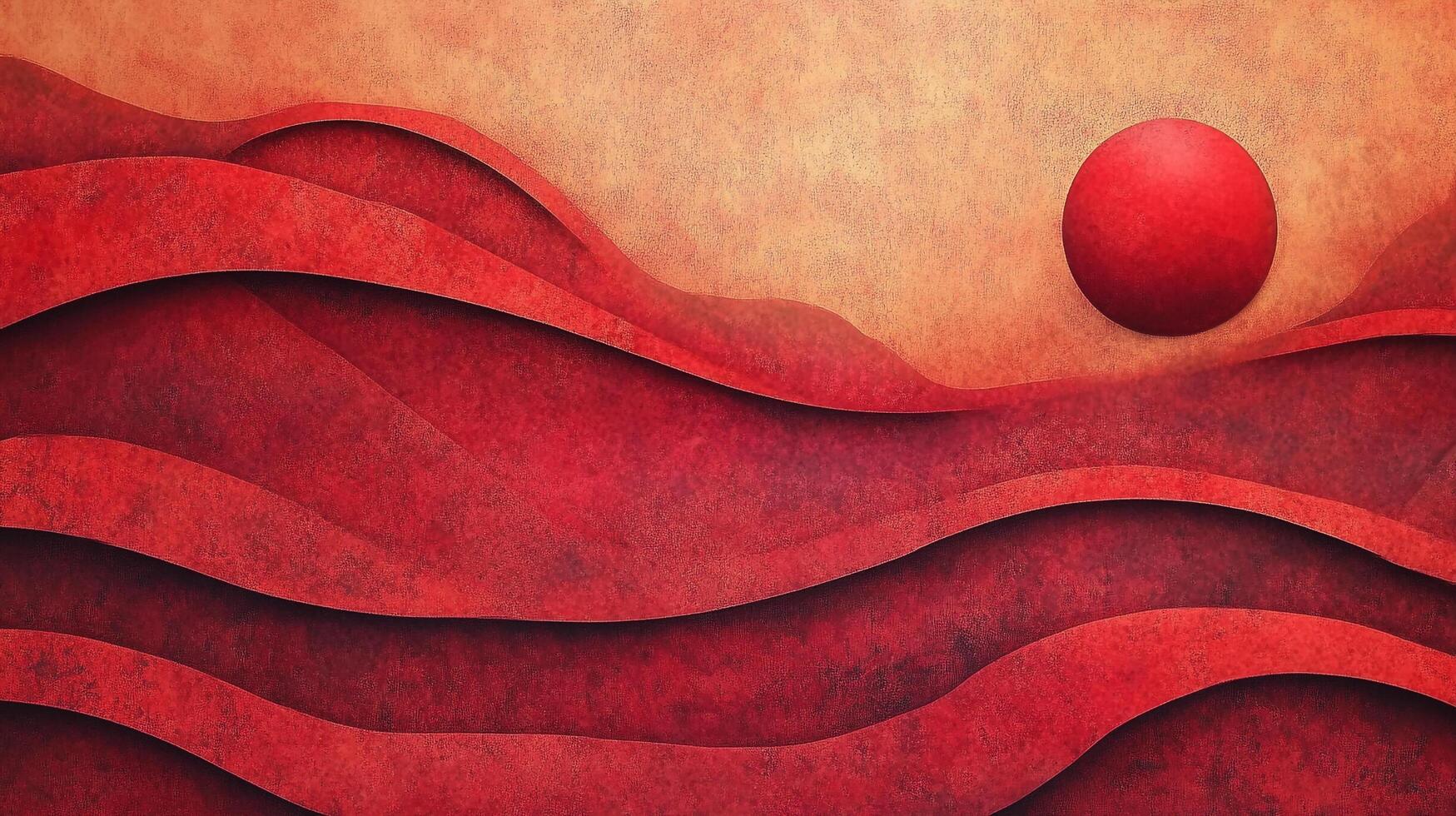 Crimson layers cascade in an abstract landscape, where a solitary red sphere rests serenely against the sunset sky. Warm tones abound. photo