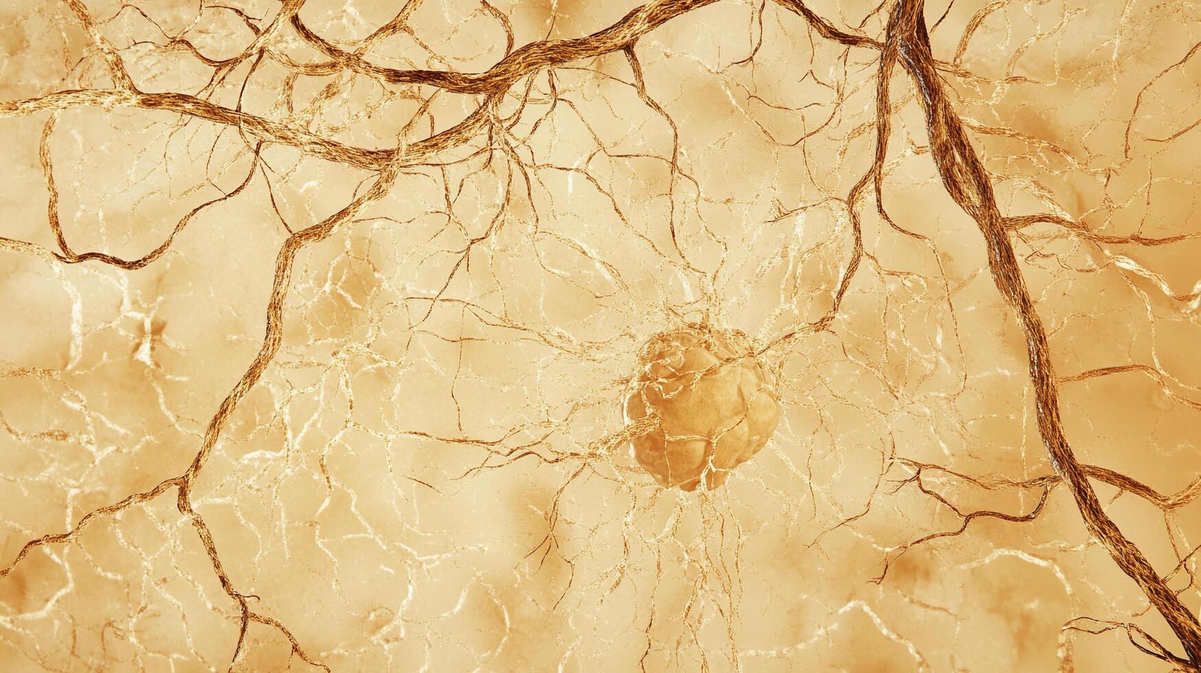Networked life, intertwined like branches reaching for the sun, with central form amidst delicate connecting threads in warm tones. photo