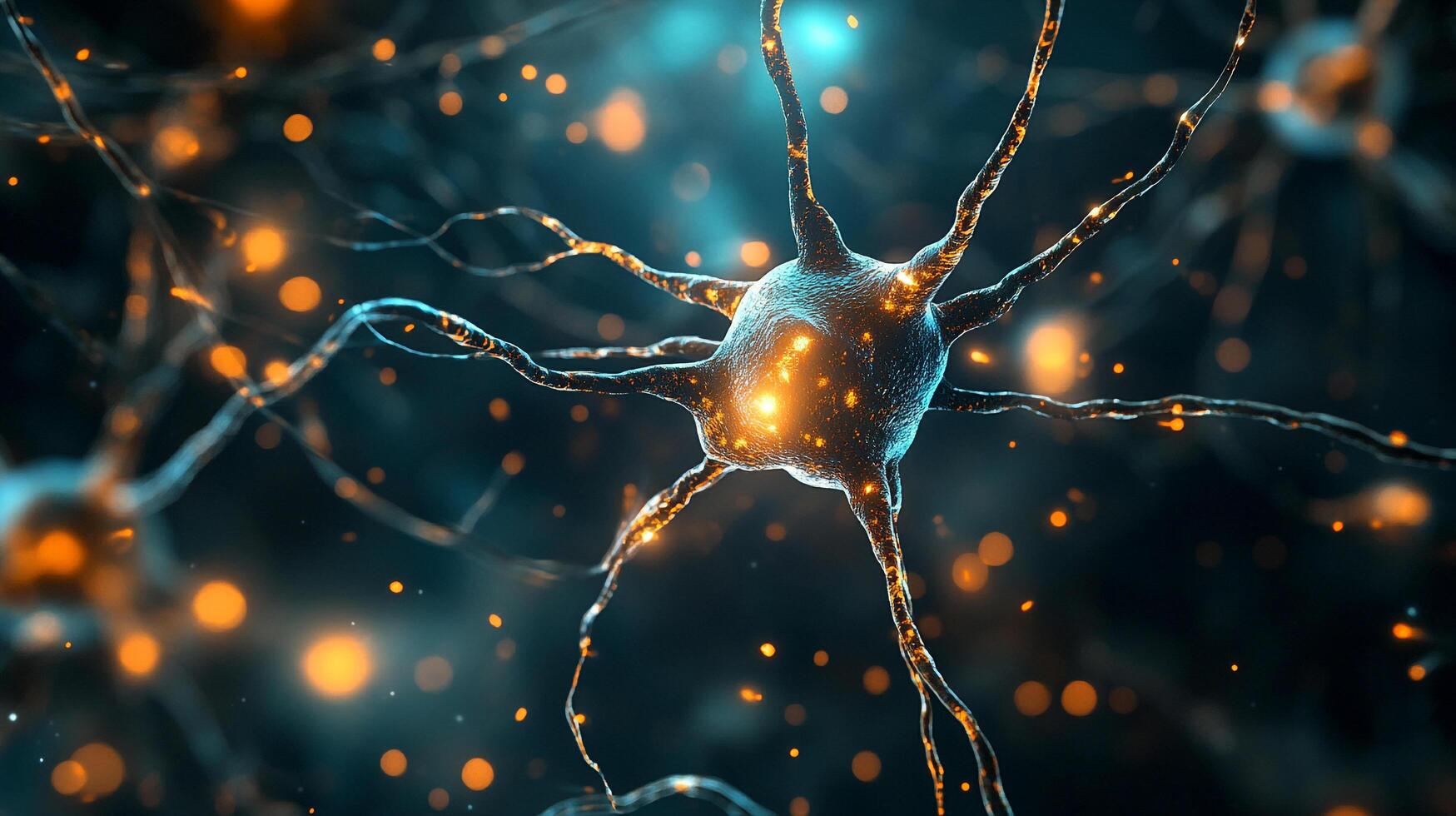 Detailed depiction of a neuron, showcasing its intricate structure and connectivity, set against a dark background with orange accents. photo