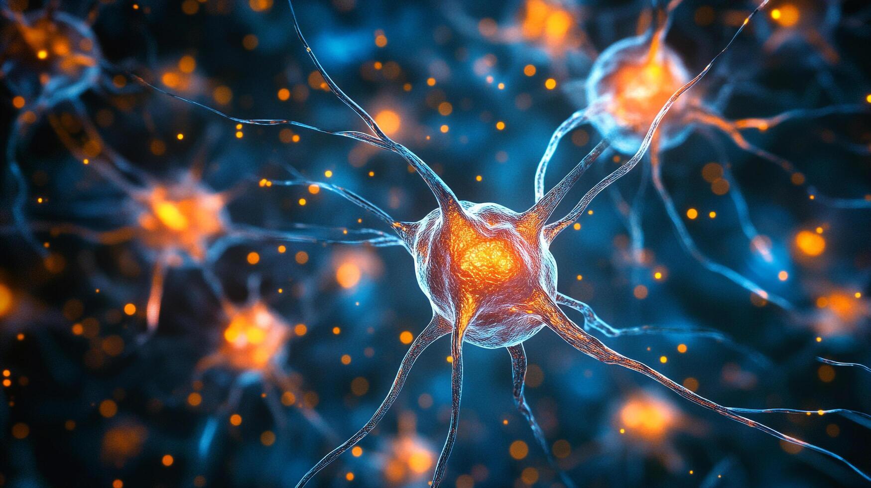 Abstract neural network design representing connectivity, information flow, and biological processes in blue and orange shades. photo