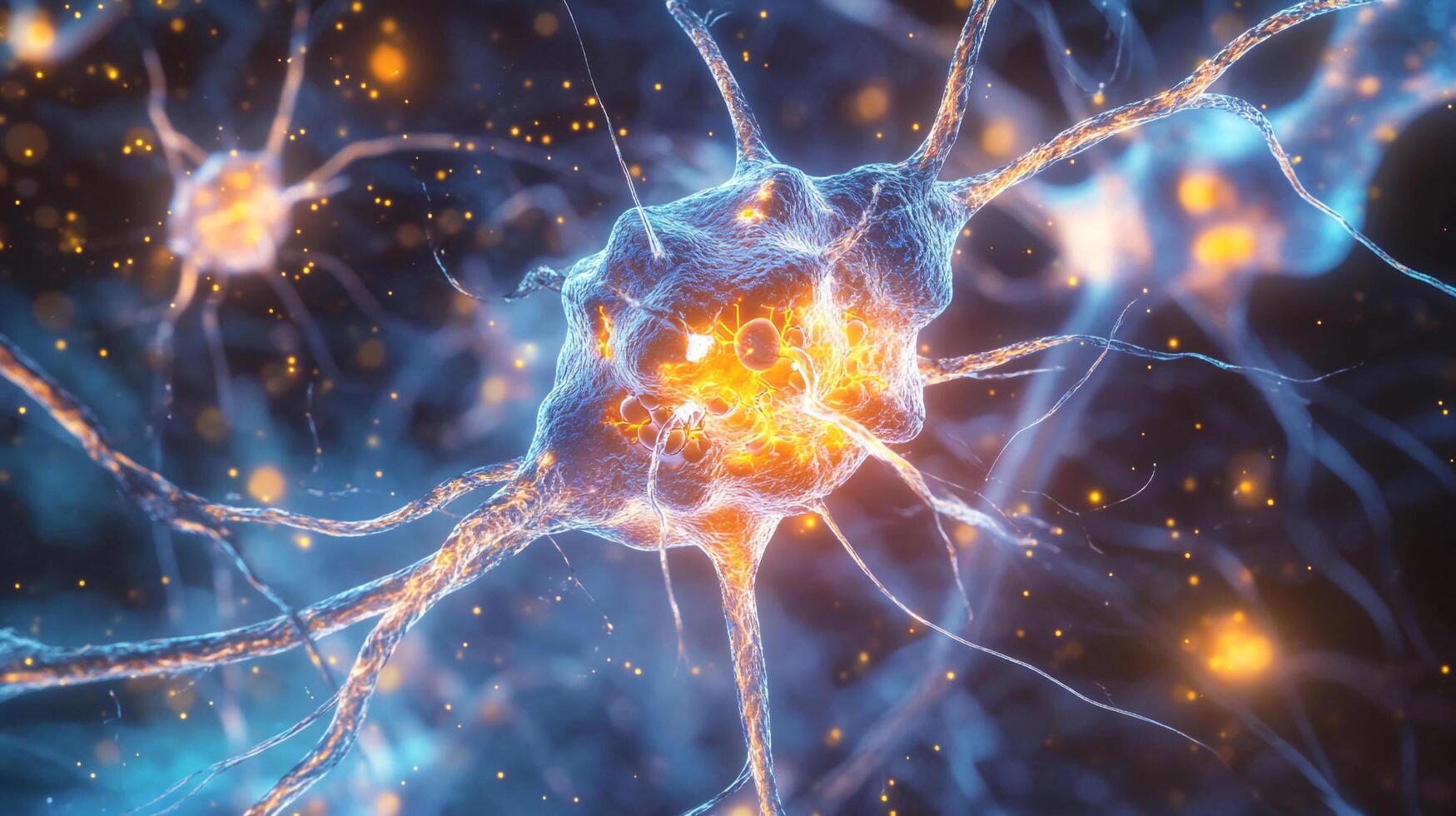 A vibrant close-up showcasing a neuron, highlighting its intricate network and signaling activity with radiant golden accents. photo