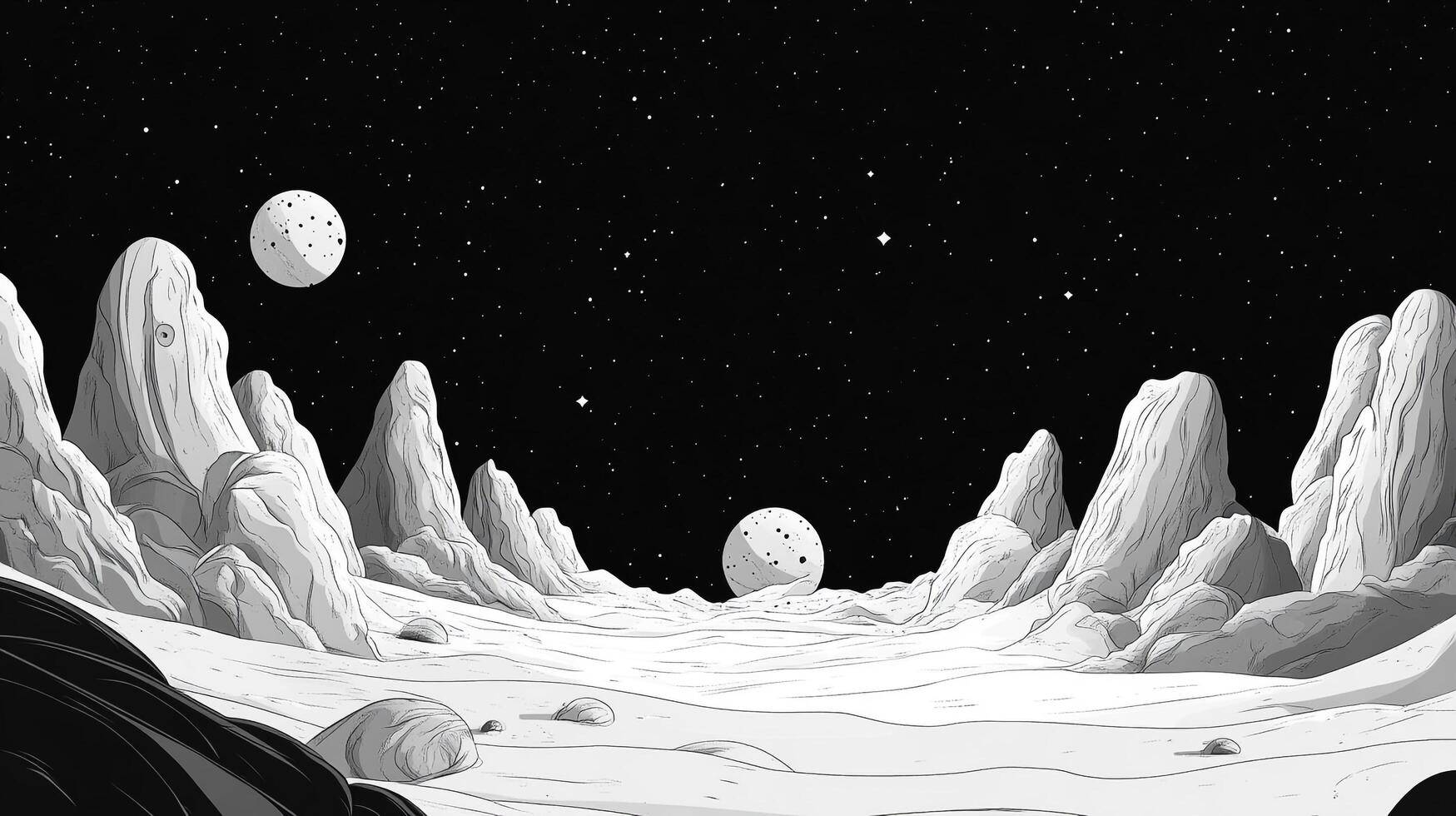 Monochromatic depiction of an extraterrestrial landscape with mountains, moons, and a starry backdrop, evoking a sense of solitude. photo