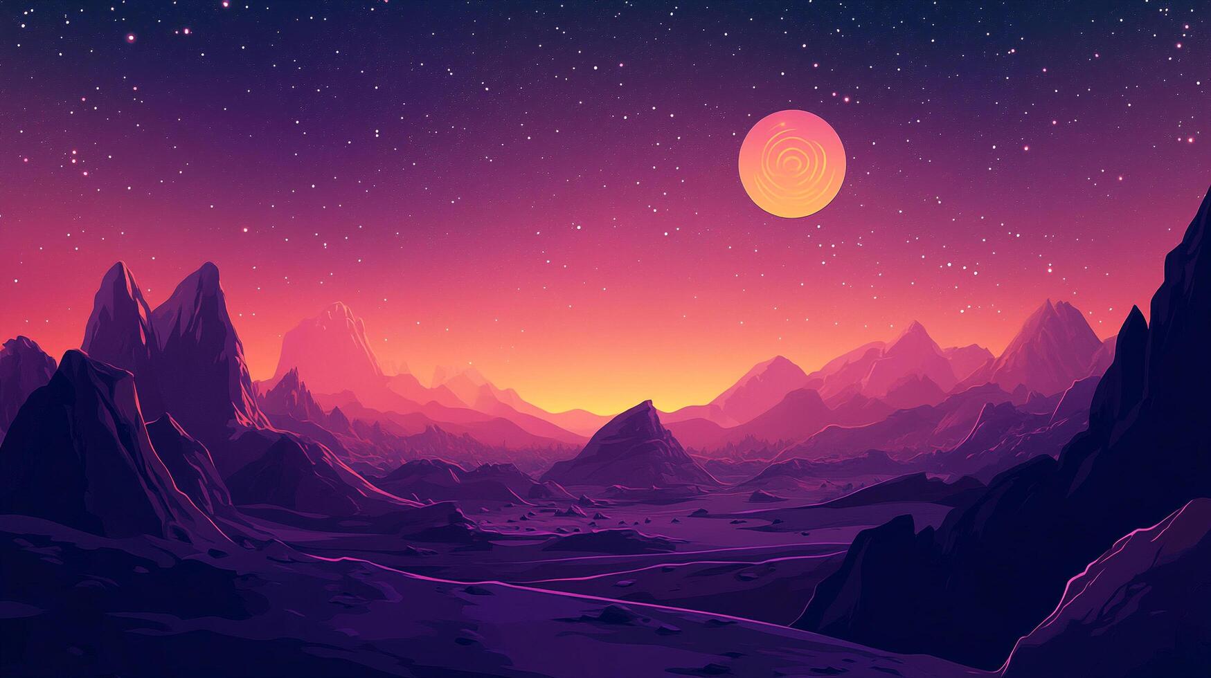 Vivid planet landscape with majestic mountains under a starlit sky and radiant celestial body, creating a serene, otherworldly experience. photo