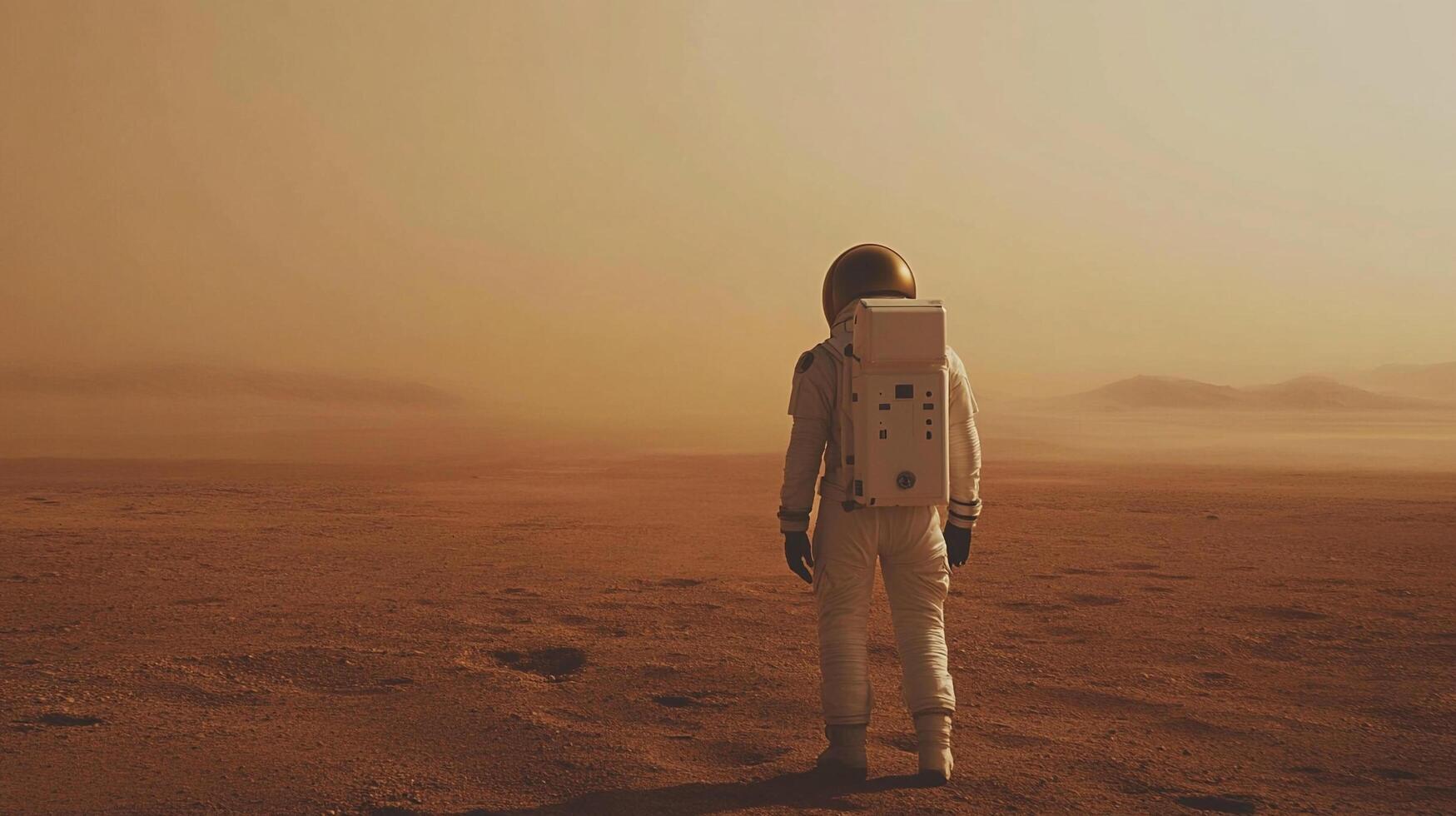 Astronaut exploring a desolate, reddish planet, with a hazy atmosphere and distant mountains, signifying a long-term space mission. photo