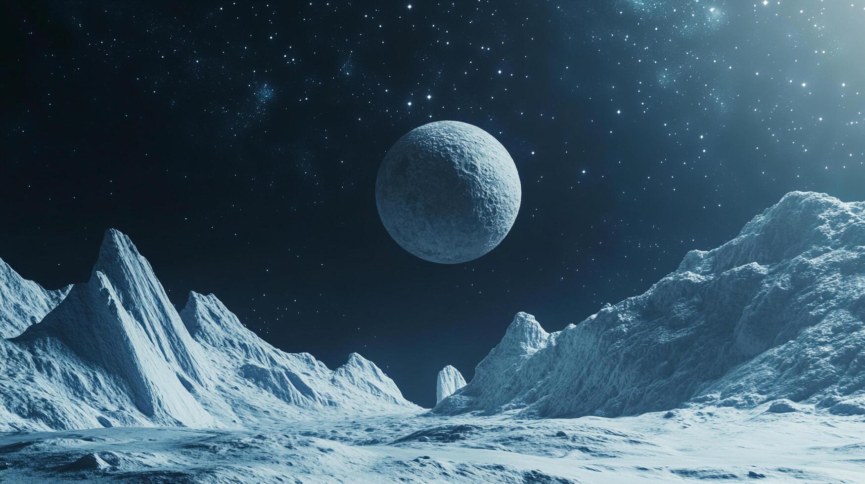 Icy landscape with mountainous terrain beneath a celestial sphere. A serene, otherworldly vista under the twinkling night sky. photo