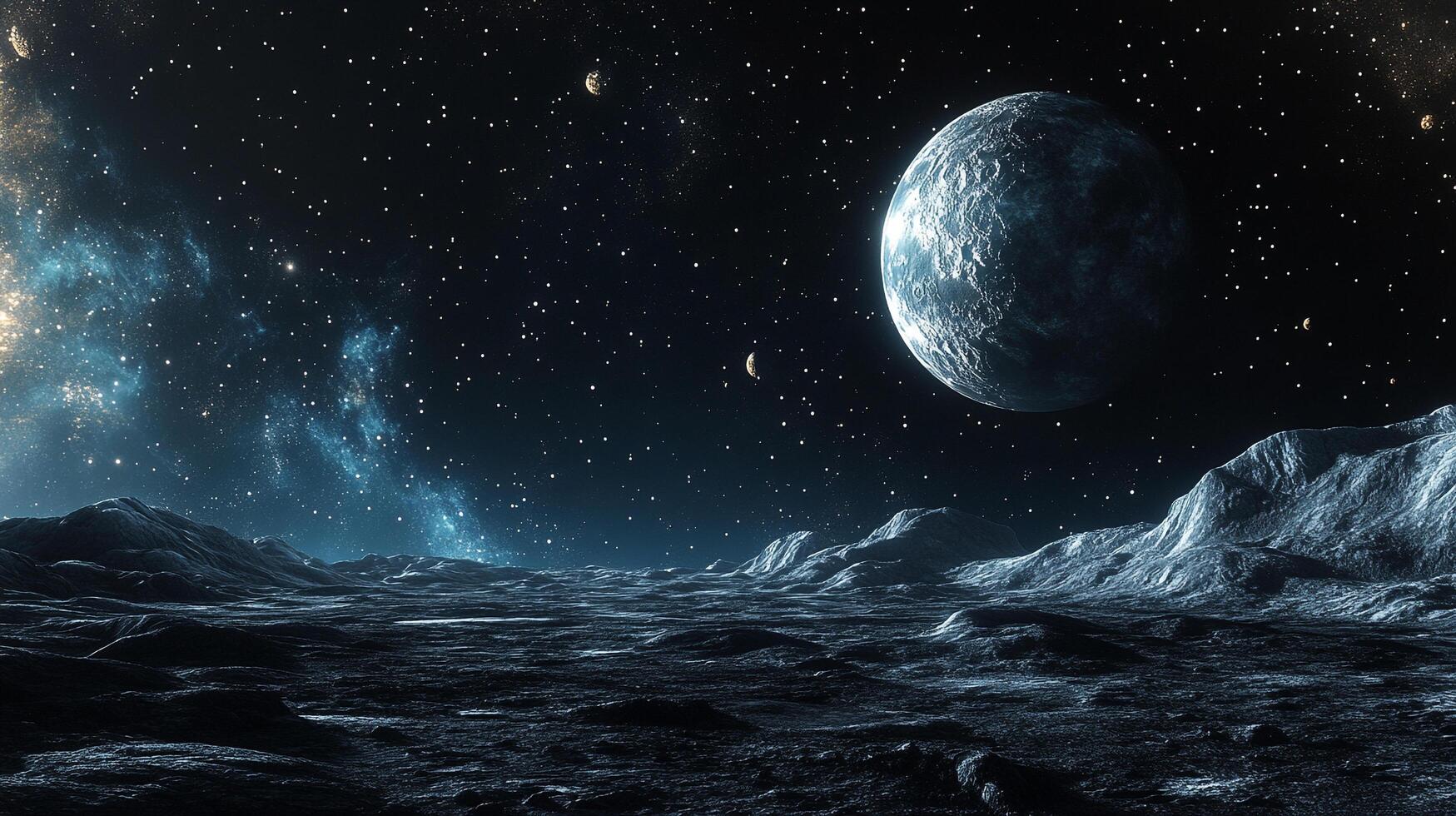 Distant planet view from a rocky moon surface, glowing nebulas in the background, celestial landscape, cosmic scenery, out of space. photo