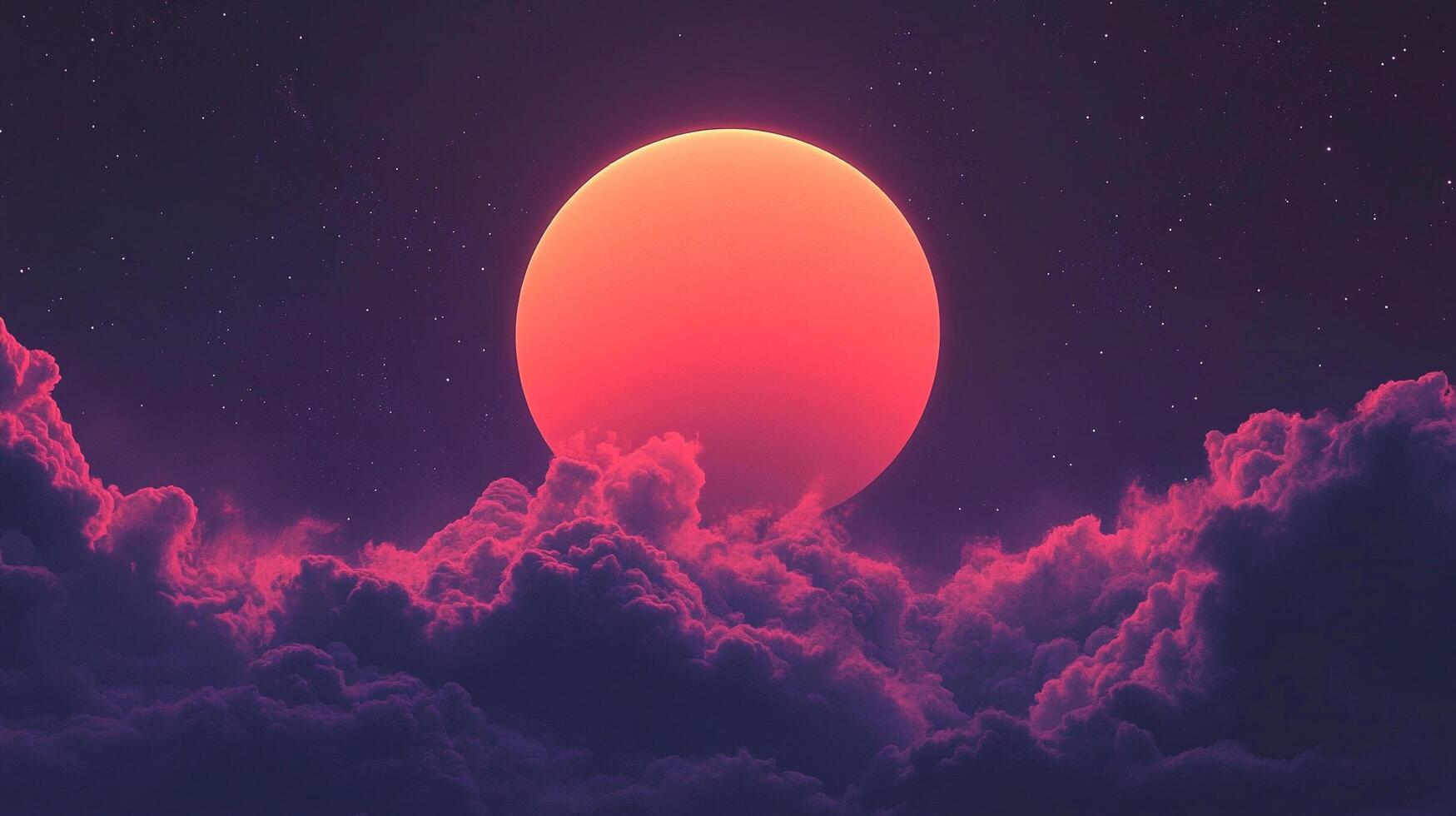 A serene and otherworldly vista, featuring a radiant sun-like sphere emerging from vibrant pink and purple clouds under a starry sky. photo