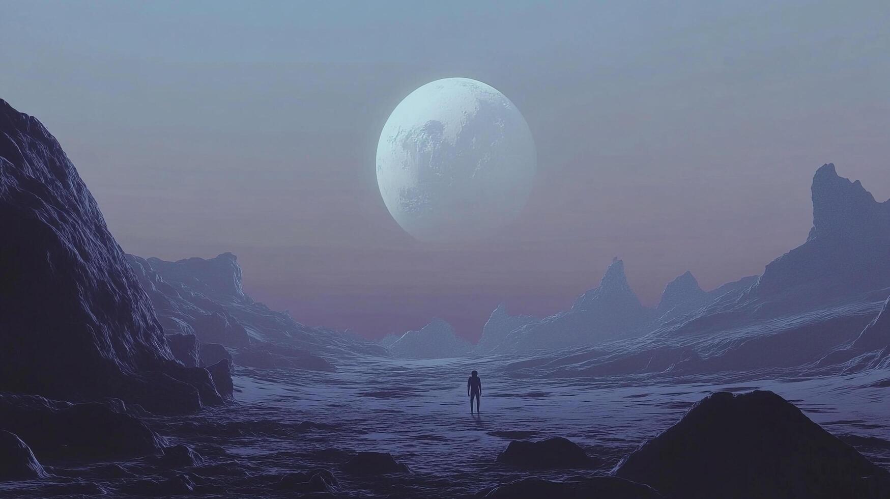 Distant figure gazes at a large, cratered moon rising over a desolate, rocky landscape. Journey into the unknown awaits, under pale sky. photo