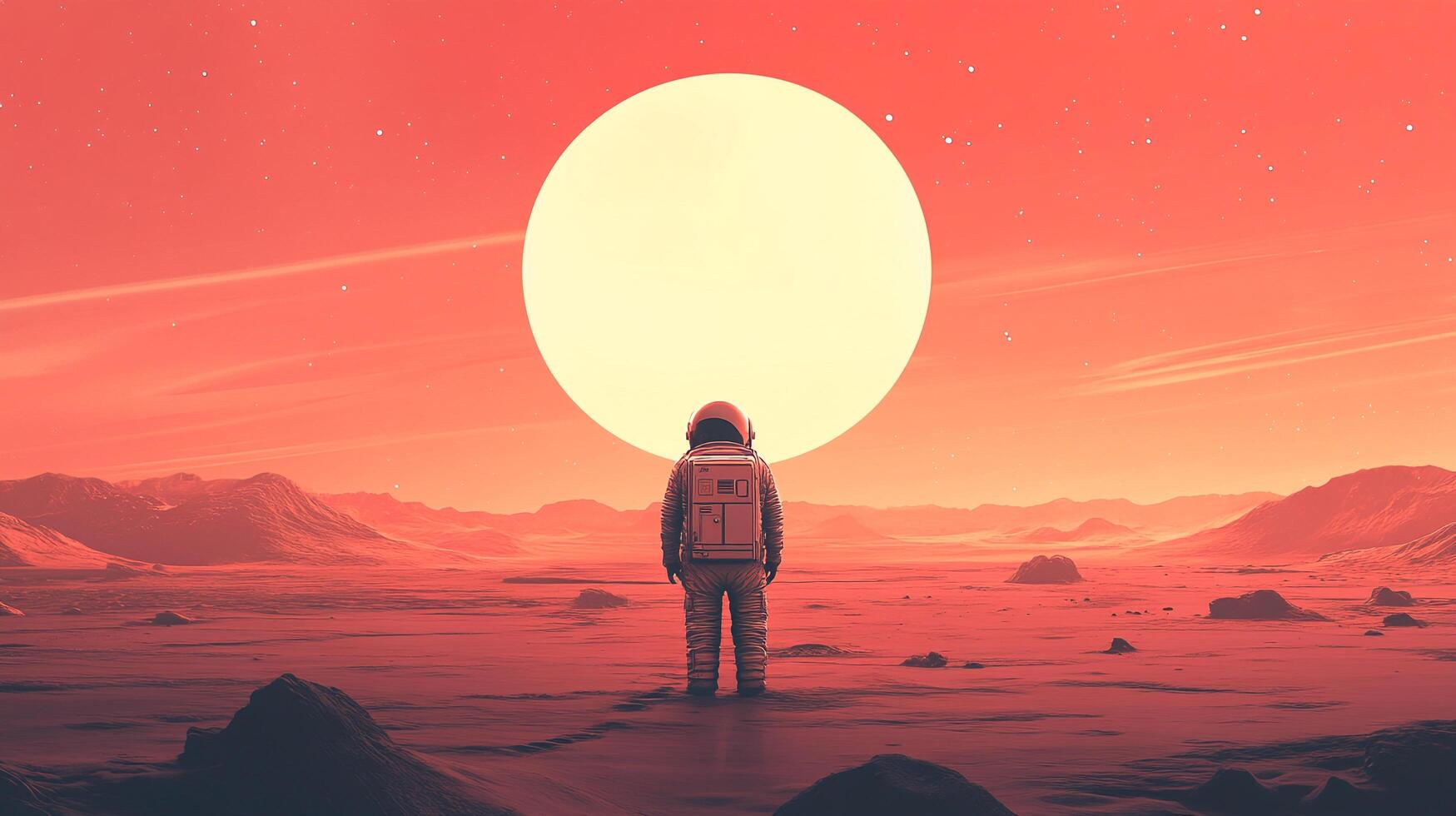 Astronaut stands on a red planet, gazing at a large sun, representing exploration and solitude in a vast alien landscape. photo